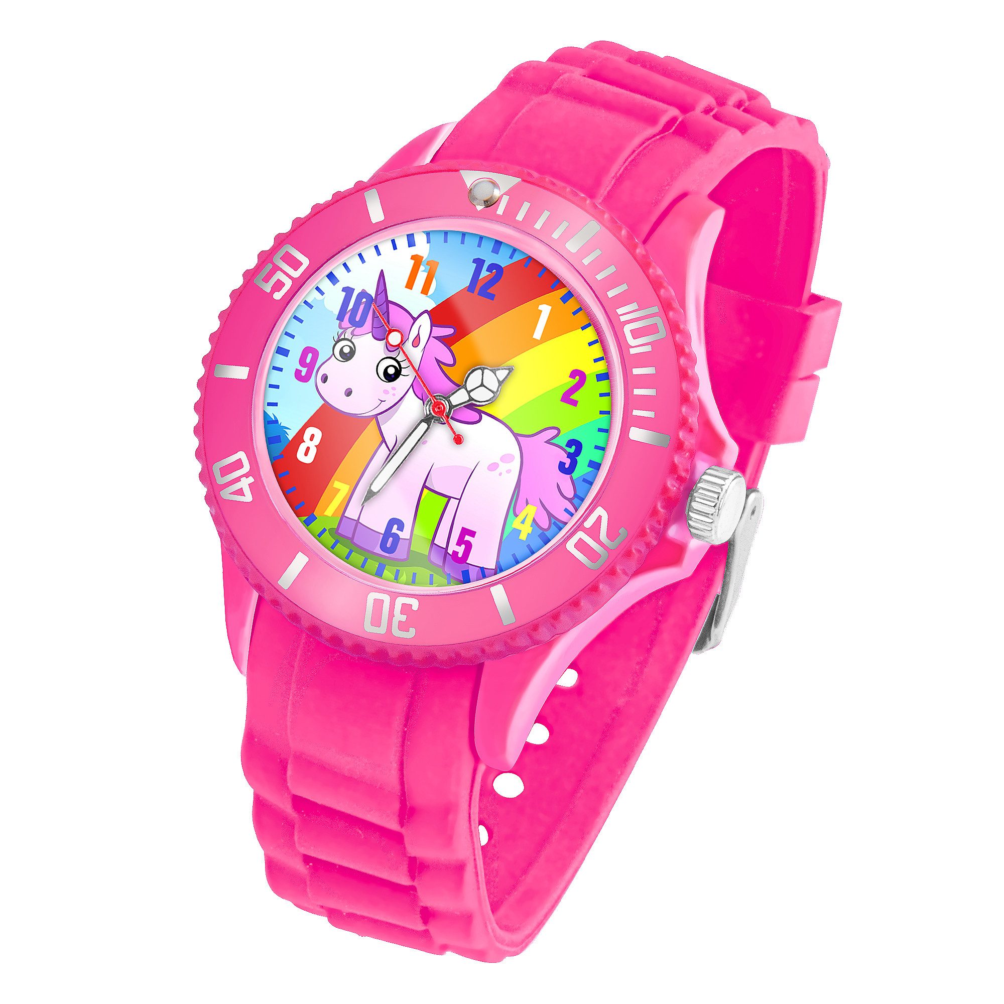 Taffstyle Quarzuhr Kinder Armbanduhr Silikon Einhorn Analog Uhr Bunt, Mädchen Sportuhr Bunte Kinderuhr Lernuhr Regenbogen Silikonuhr