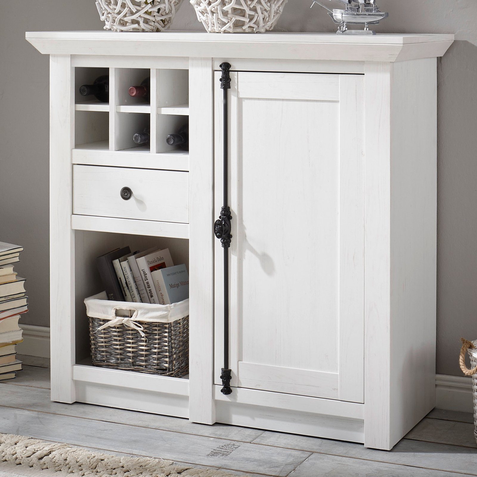 Furn.Design Kommode Hooge (Sideboard in Pinie weiß Landhaus, 105 x 100 cm), mit Drehriegel und Weinregal