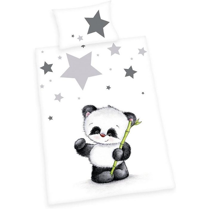 Babybettwäsche Panda Herding 40x60+100x135 cm Baumwolle Flanell Bettbezug Kissenbezug grau Sterne