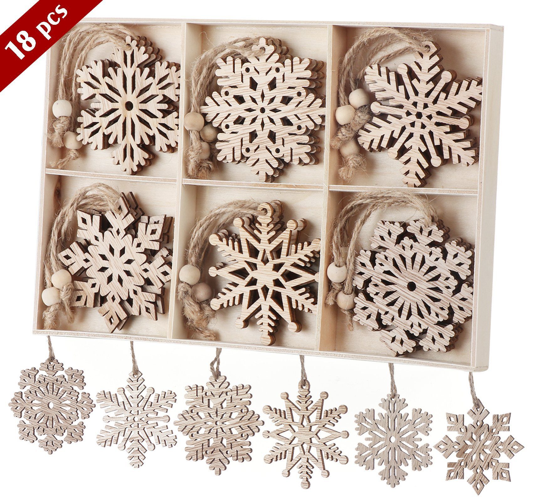 ElitVita Hänge-Weihnachtsbaum Holz Schneeflocken Anhänger Weihnachtsbaum Anhänger Holzdeko (20 St), für DIY Weihnachtsbaumschmuck Holzanhänger Christbaumschmuck