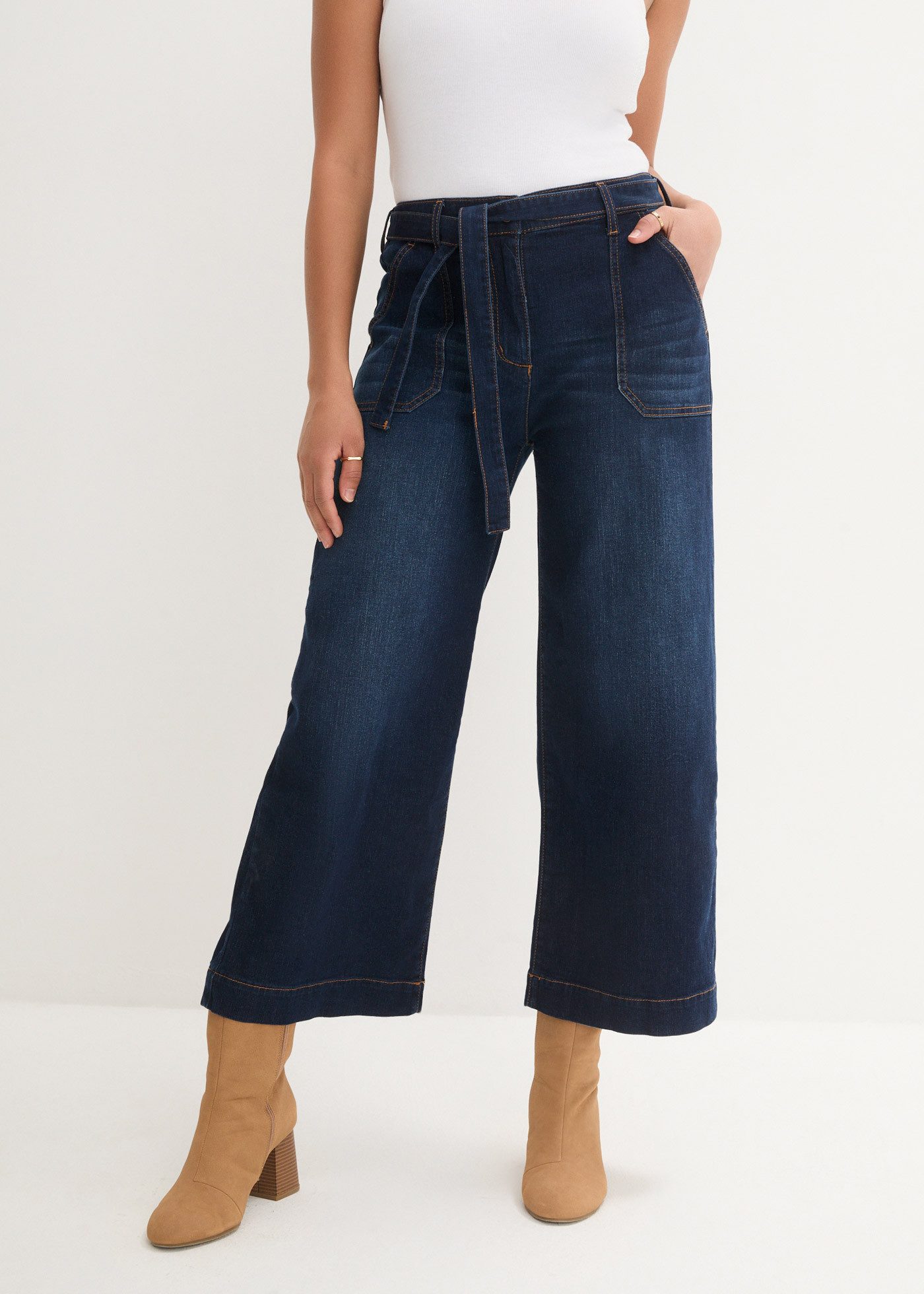 bonprix Weite Jeans mit seitlichem Teilgummibund, mit Bindegürtel, mit brei günstig online kaufen
