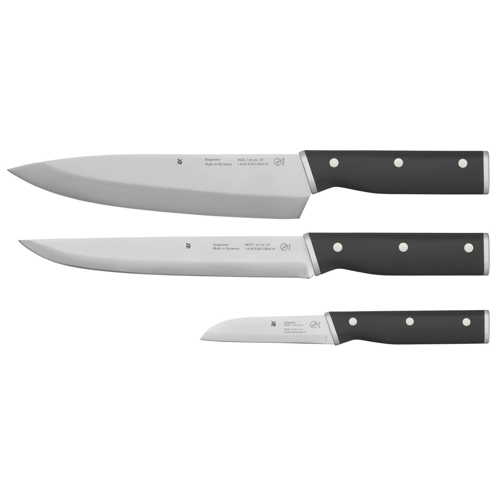 WMF Messer-Set Sequence (1x Kochmesser (Gesamtlänge 33 cm, Klinge 20 cm), 1x Fleischmesser (Gesamtlänge 33 cm, Klinge 20 cm), 1x Gemüsemesser (Gesamtlänge 20,3 cm, Klinge 9 cm), 3-tlg., 1x Kochmesser, 1x Fleischmesser, 1x Gemüsemesser), Performance Cut, Kinetisches Design, Spezialklingenstahl