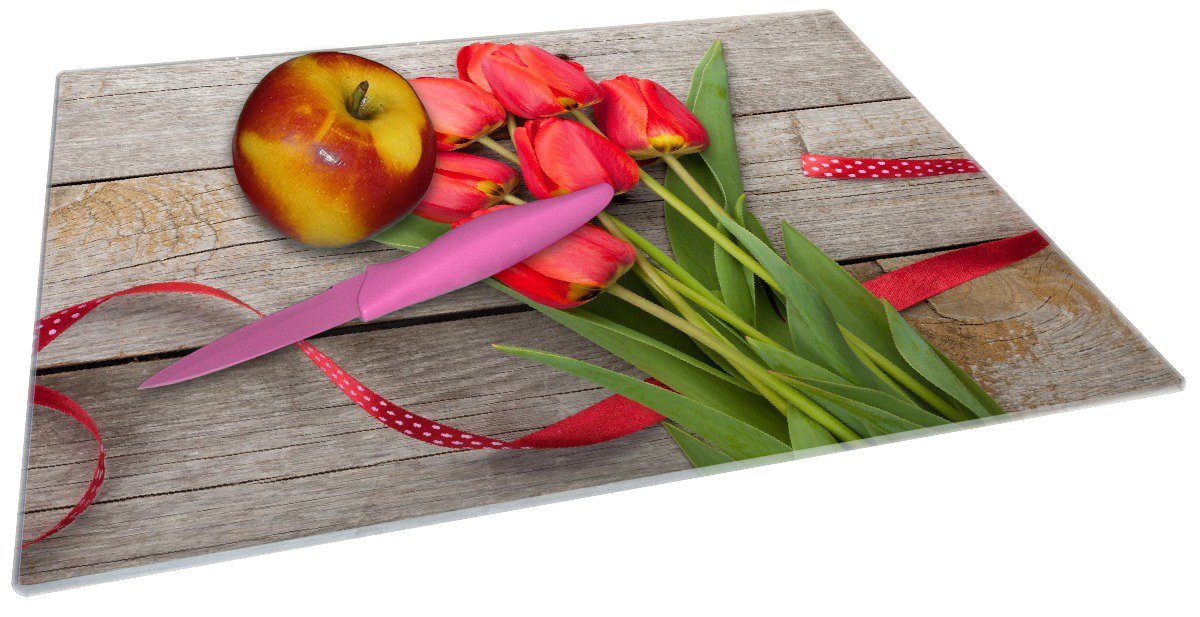 Wallario Schneidebrett Rote Tulpen (inkl. Holztisch, ESG-Sicherheitsglas, auf Gummifüße 1-St), alten 30x40cm 4mm, rutschfester einem