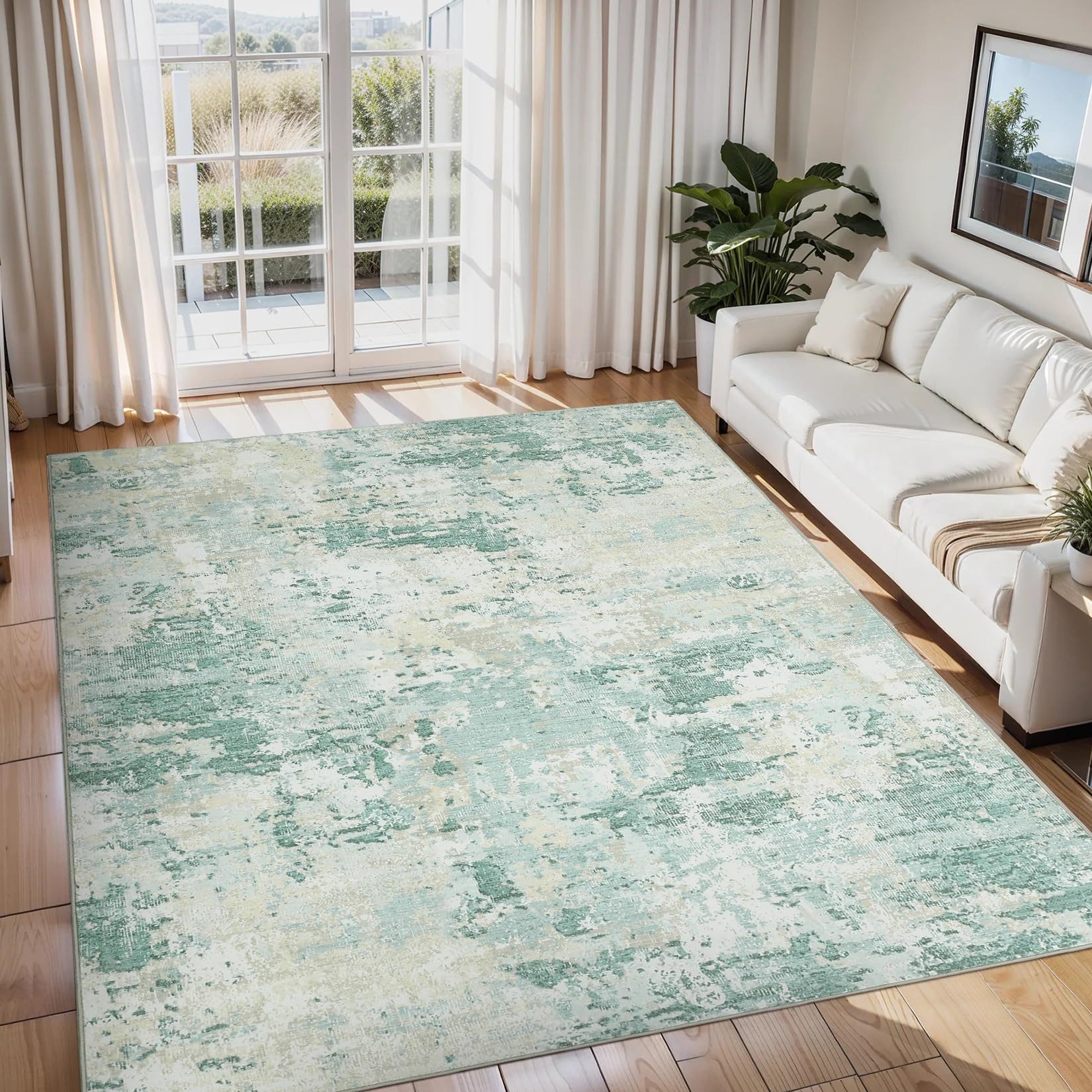 GarveeMore Teppich aus Perlvelours für Wohnzimmer & Schlafzimmer, faltbar, waschbar, rechteckig, Höhe: 5 mm, abstraktes Tuschmuster, rutschfeste Rückseite, 120x170 cm, Grün