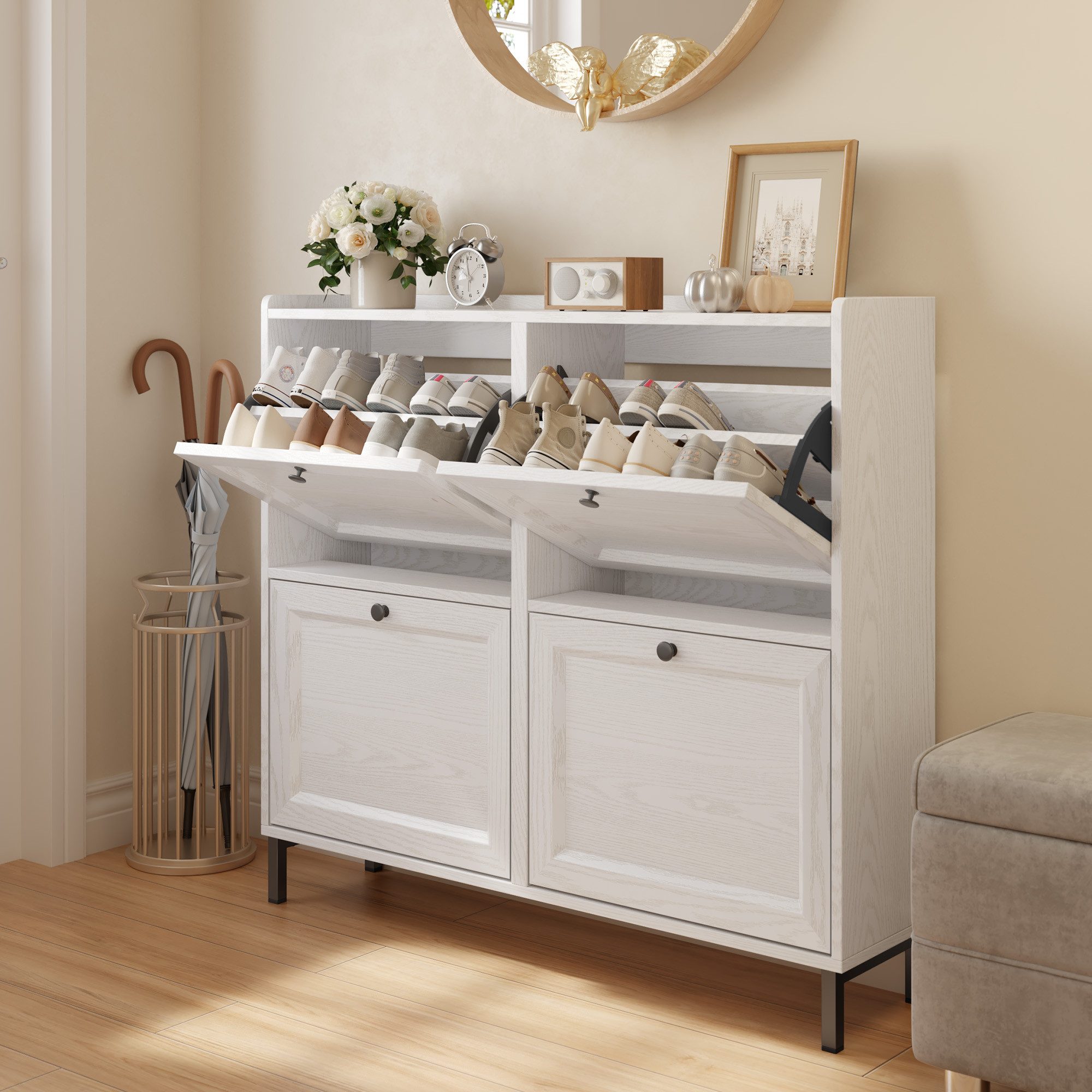 Bealife Schuhschrank mit 4 Klappen und eingezäunter Decke, Kapazität 16 Paar