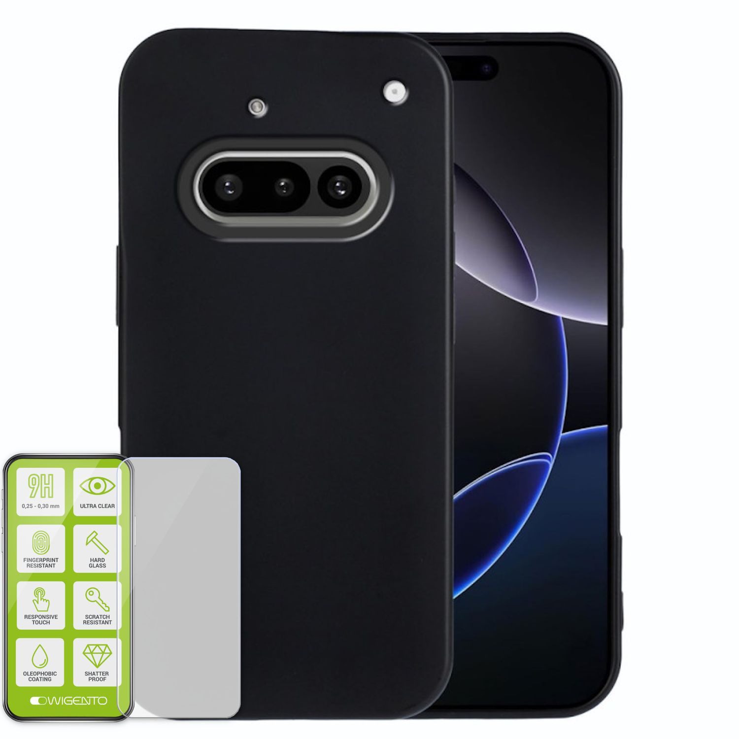 Wigento Handyhülle Für Nothing Phone 3a Silikon TPU Schutz Hülle Schwarz + 9H Hart Glas, Produktset TPU Hülle mit Hart Glas