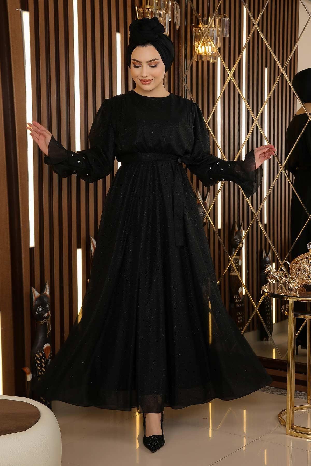 MODAMİHRAM Abendkleid ElbiseStein Detail Glitzer Chiffon Abendkleid – Bild 3 von 5