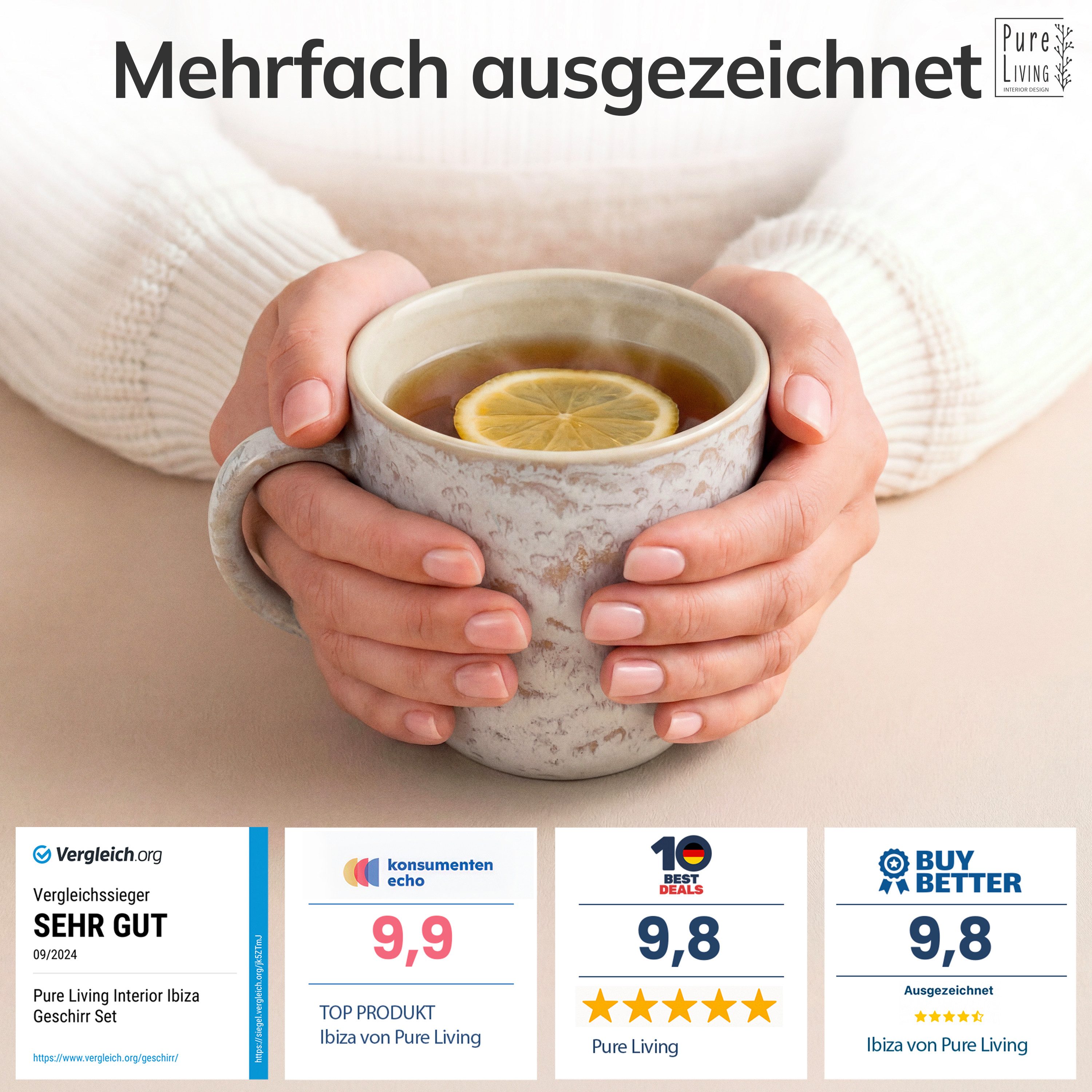 PURE LIVING INTERIOR DESIGN Geschirr-Set Ibiza Becher, 6er-Set, 435 ml, Beige, Steingut (6-tlg), 6 Personen, Steingut – Bild 3 von 5