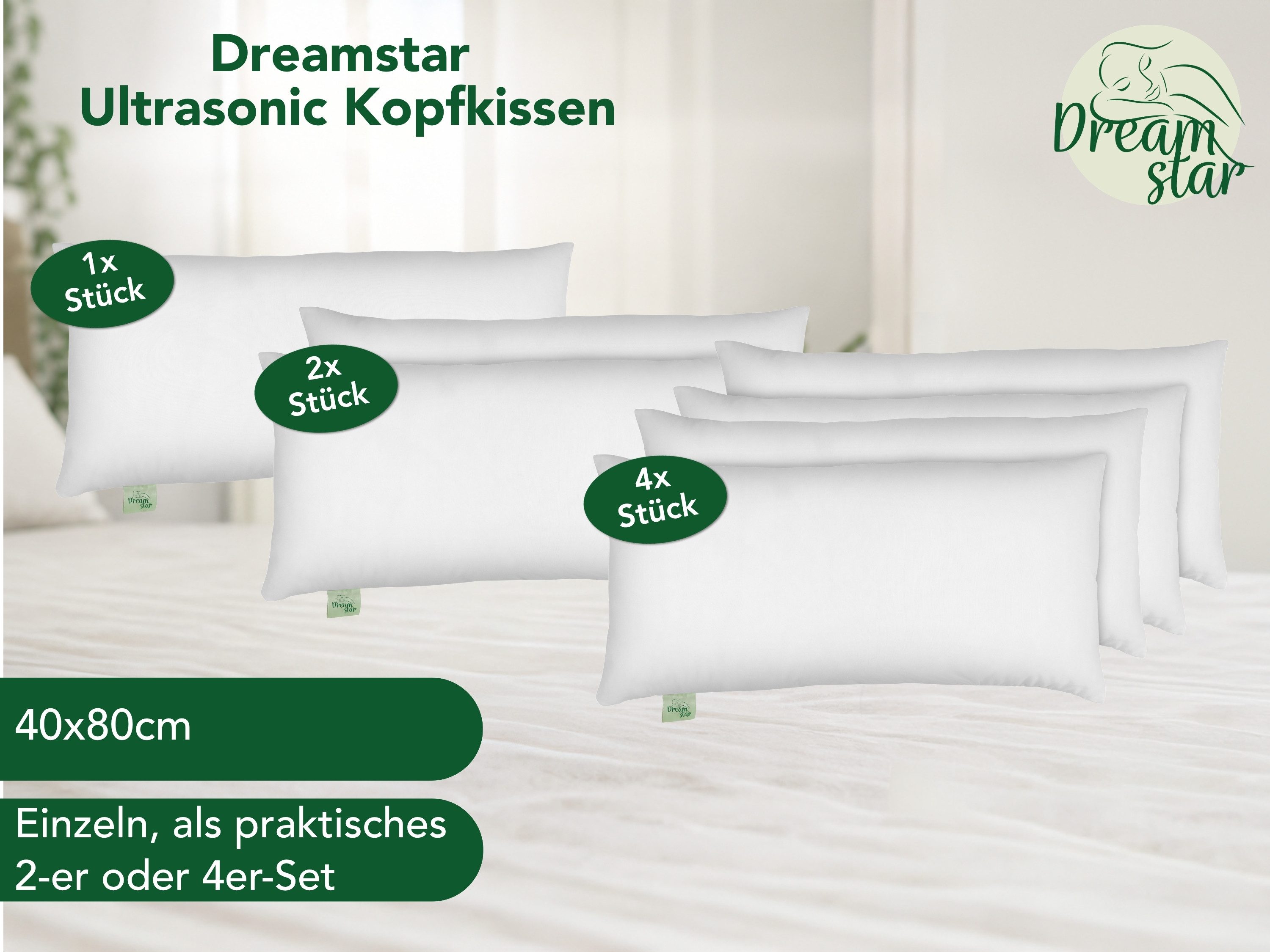 Dreamstar Microfaserkissen Kopfkissen Dekokissen - einzeln, 2er & 4er Set - 80x80 & 40x80 cm, Füllung: Faserfüllung, Seitenschläfer, Rückenschläfer, Bauchschläf – Bild 2 von 5