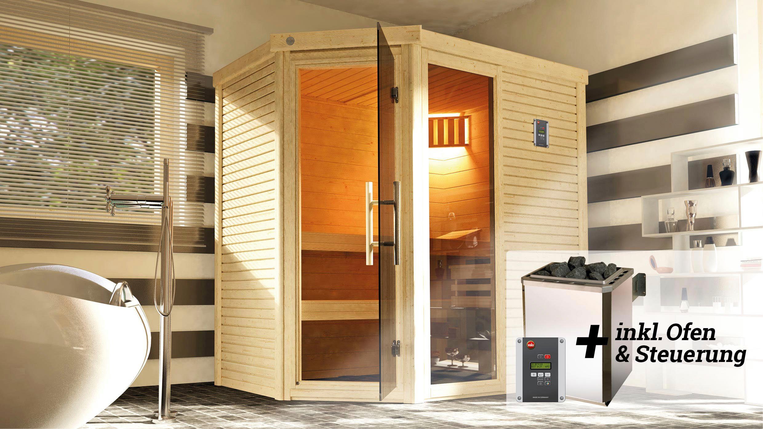 weka Sauna Cubilis, BxTxH: 198 x 148 x 205 cm, 45 mm, (Set) 7,5 kW-Ofen mit digitaler Steuerung
