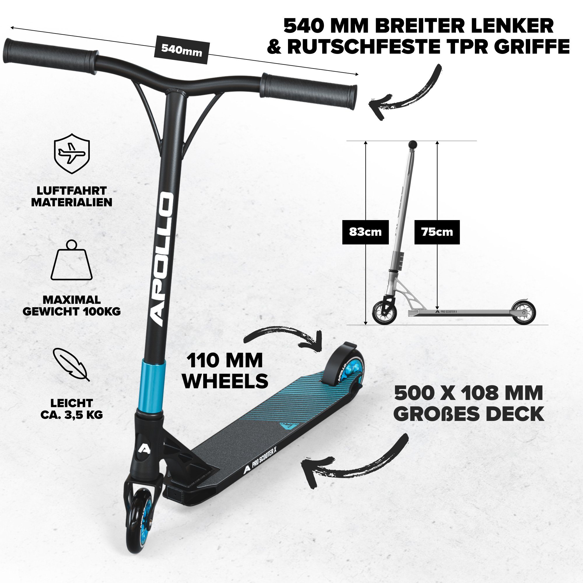 Apollo Stuntscooter Stunt Scooter Genesis X Pro - High End Stuntscooter, Profi Trick Roller mit 120mm Alu Core Wheels Kickscooter