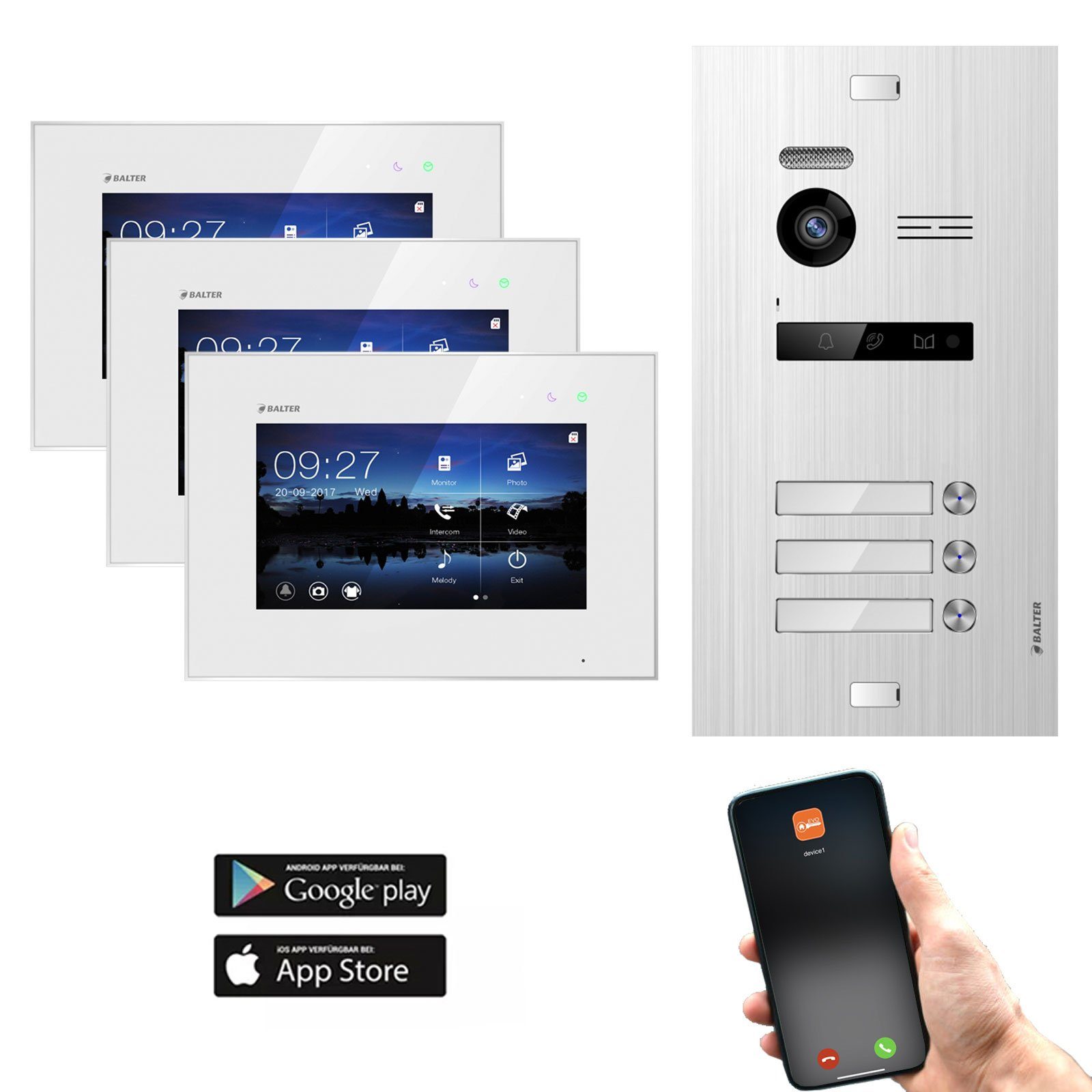 Balter EVO SILVER Video-Türsprechanlage 7" Wifi Monitor 2-Draht BUS für 3  Familienhaus App Steuerung Video-Türsprechanlage