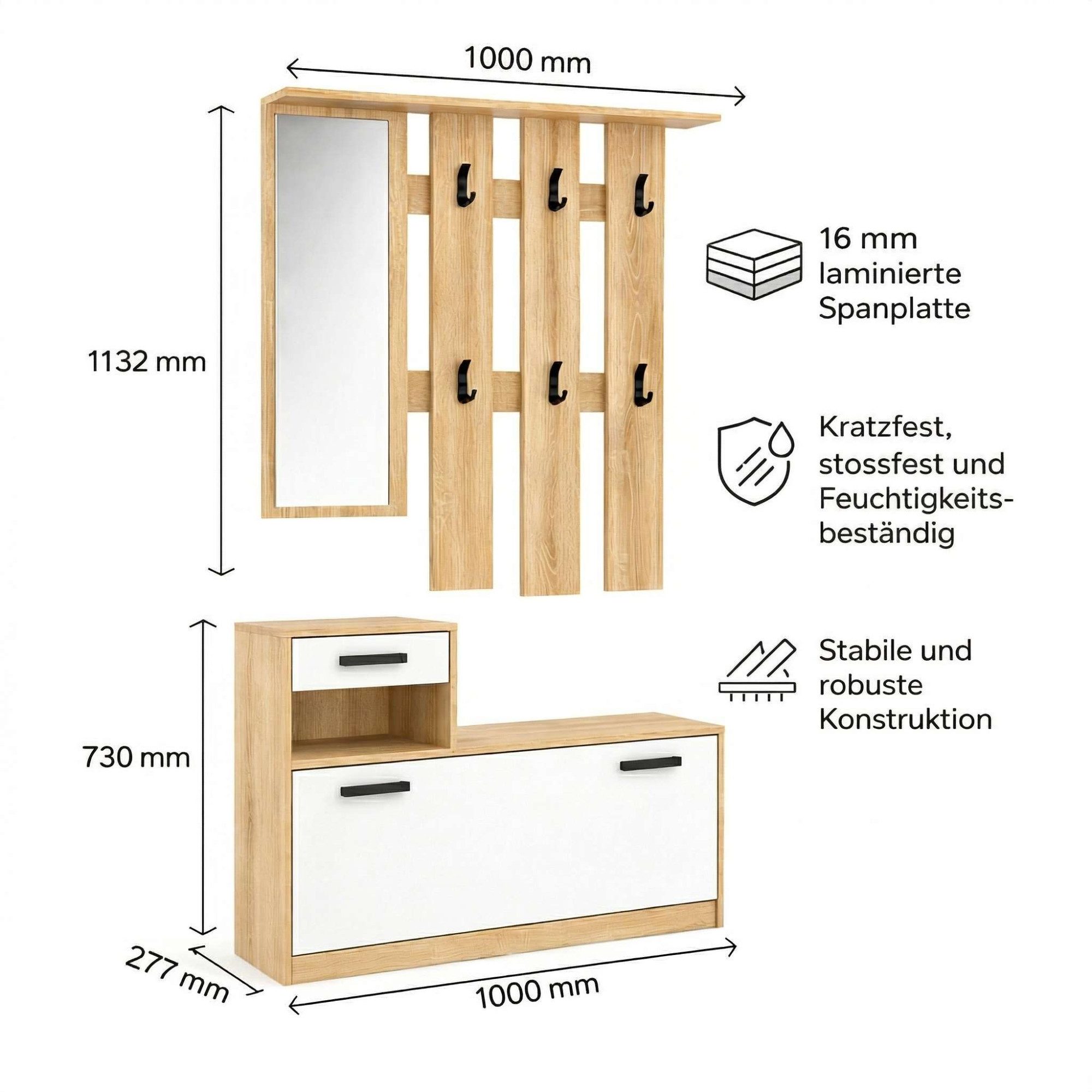 OTTO home Garderoben-Set Luna Kommode mit 1 Klappe + 1 Schubkasten, Paneel mit Spiegel 6 Haken, (2-St), Dielenmöbel-Set, Breite ca. 100 cm