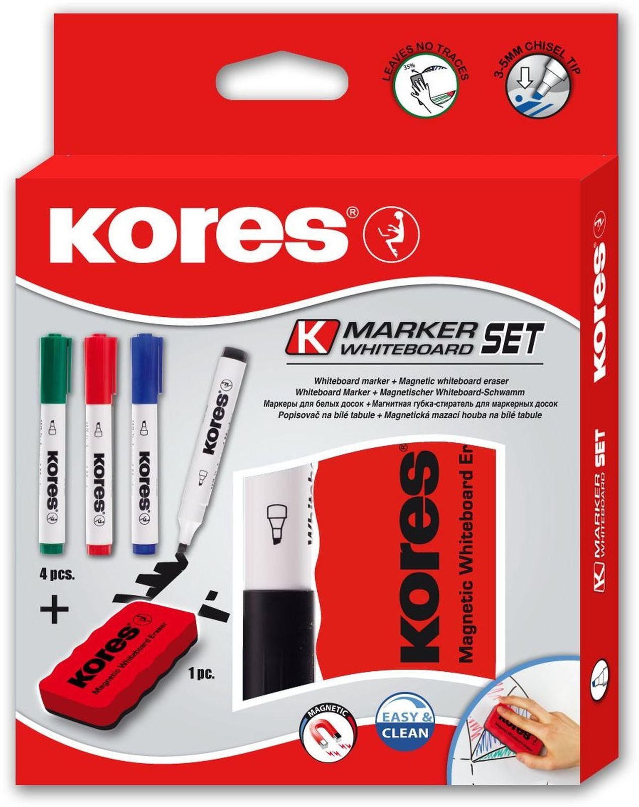 KORES Whiteboard Marker Whiteboardmarker 3-5mm Keilspitze Set mit 4 Farben + Schwamm