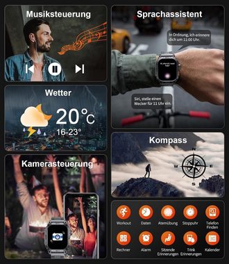 Lige Herren mit Große AMOLED Screen 380 mAh Batterie Telefonfunktion Smartwatch (1.96 Zoll, Andriod iOS), Mit Langer AkkuFitness Tracker 5ATM Wasserdicht Blutdruck/Herzfrequenz