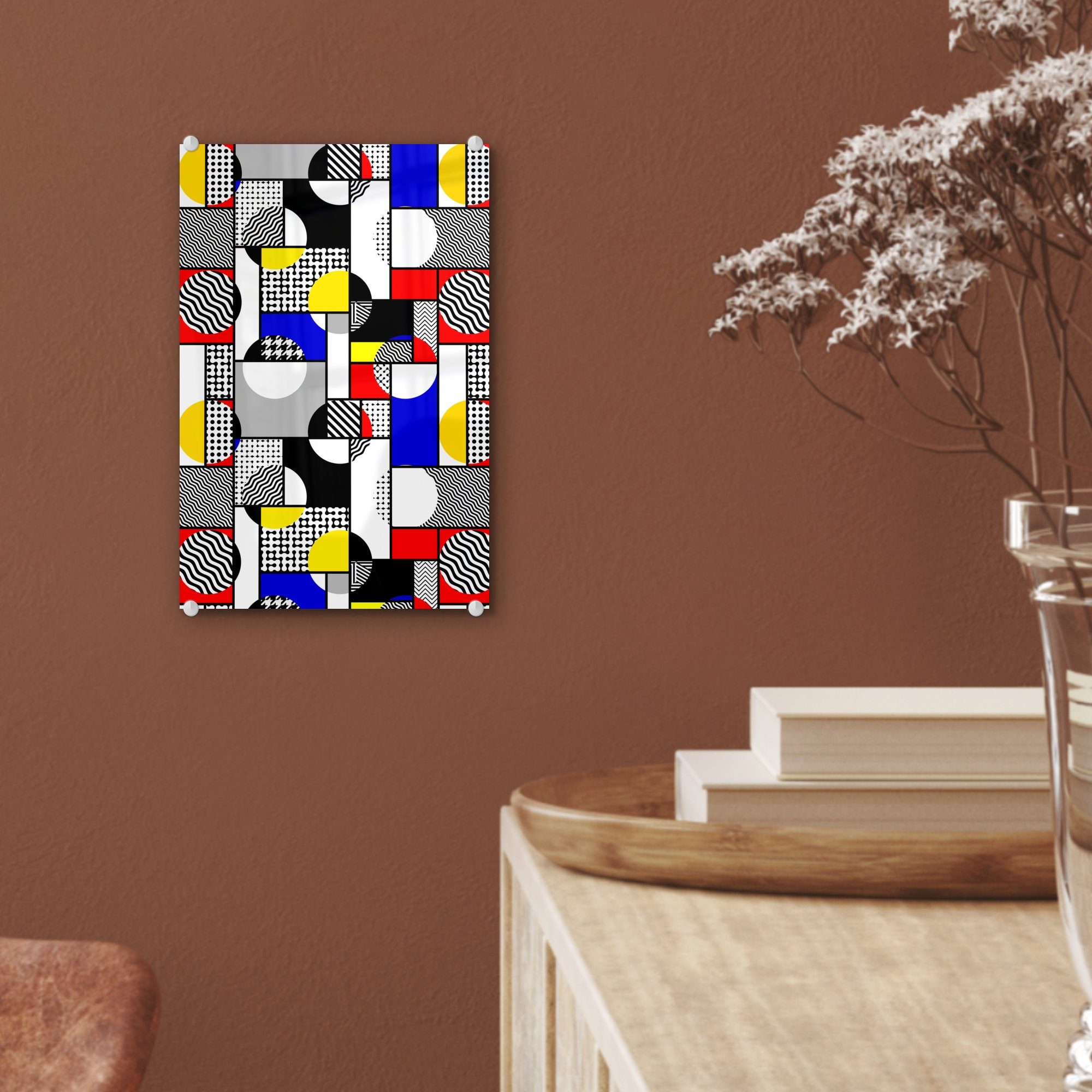 auf Glas St), - Mondrian Acrylglasbild Wandbild auf Glasbilder Bilder - - - Farben, (1 Glas Malerei Foto MuchoWow Wanddekoration -