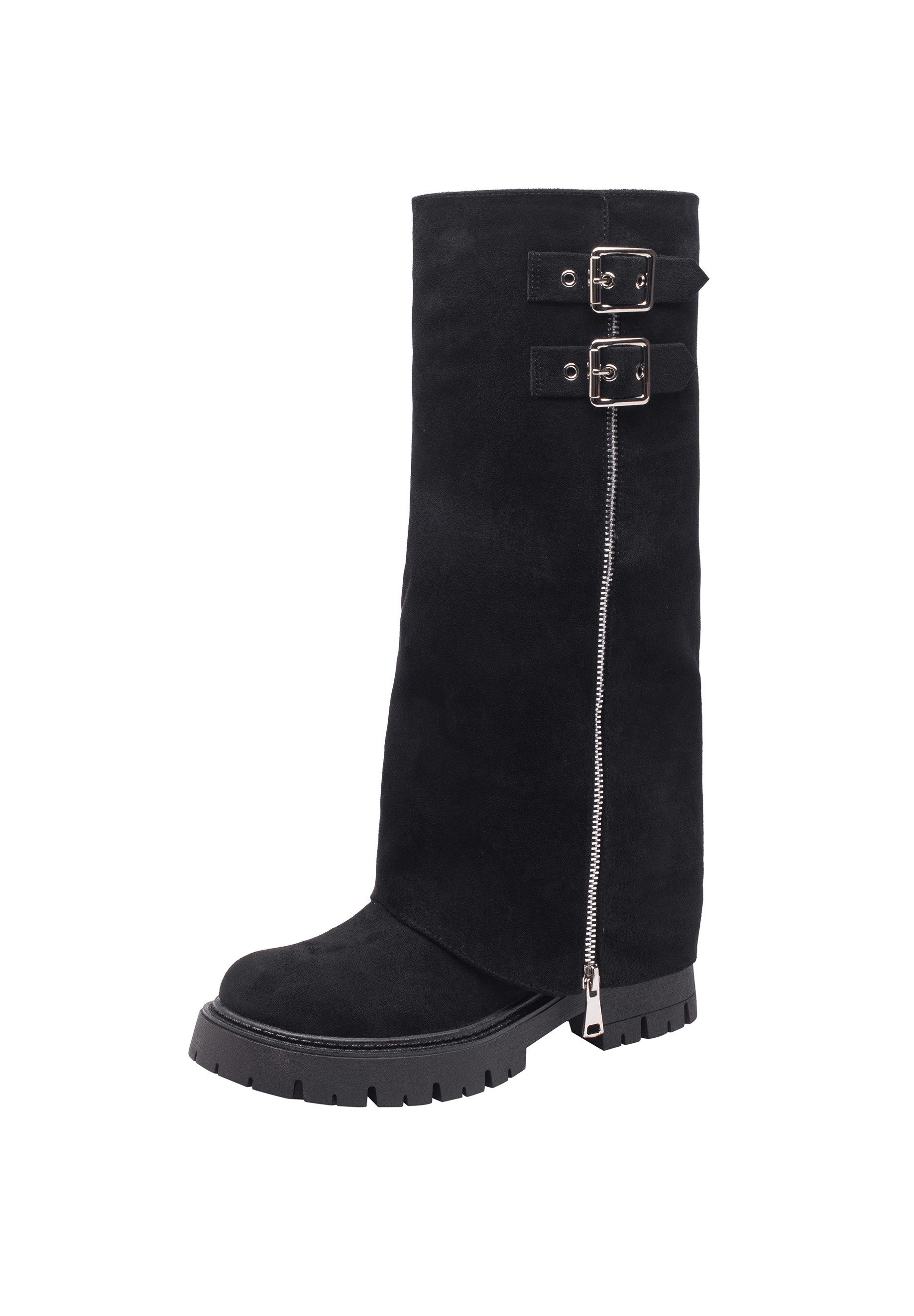 Salinyang Damen Stiefel mit Overlay-Schaft, Schnallenriemen & Profilsohle Stiefel