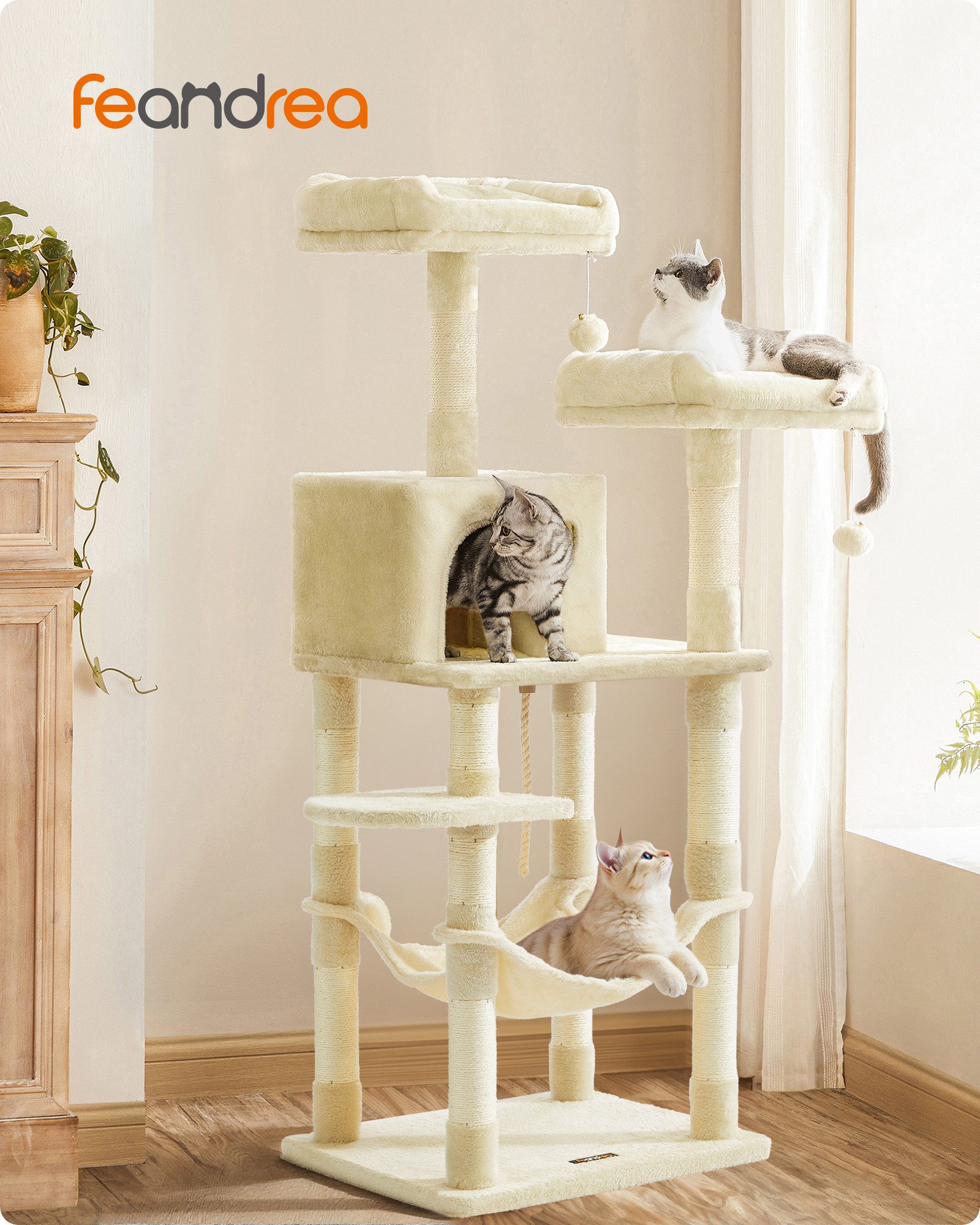 FEANDREA Kratzbaum, Katzenbaum, 143 cm, 2 kuschelige Aussichtsplattformen