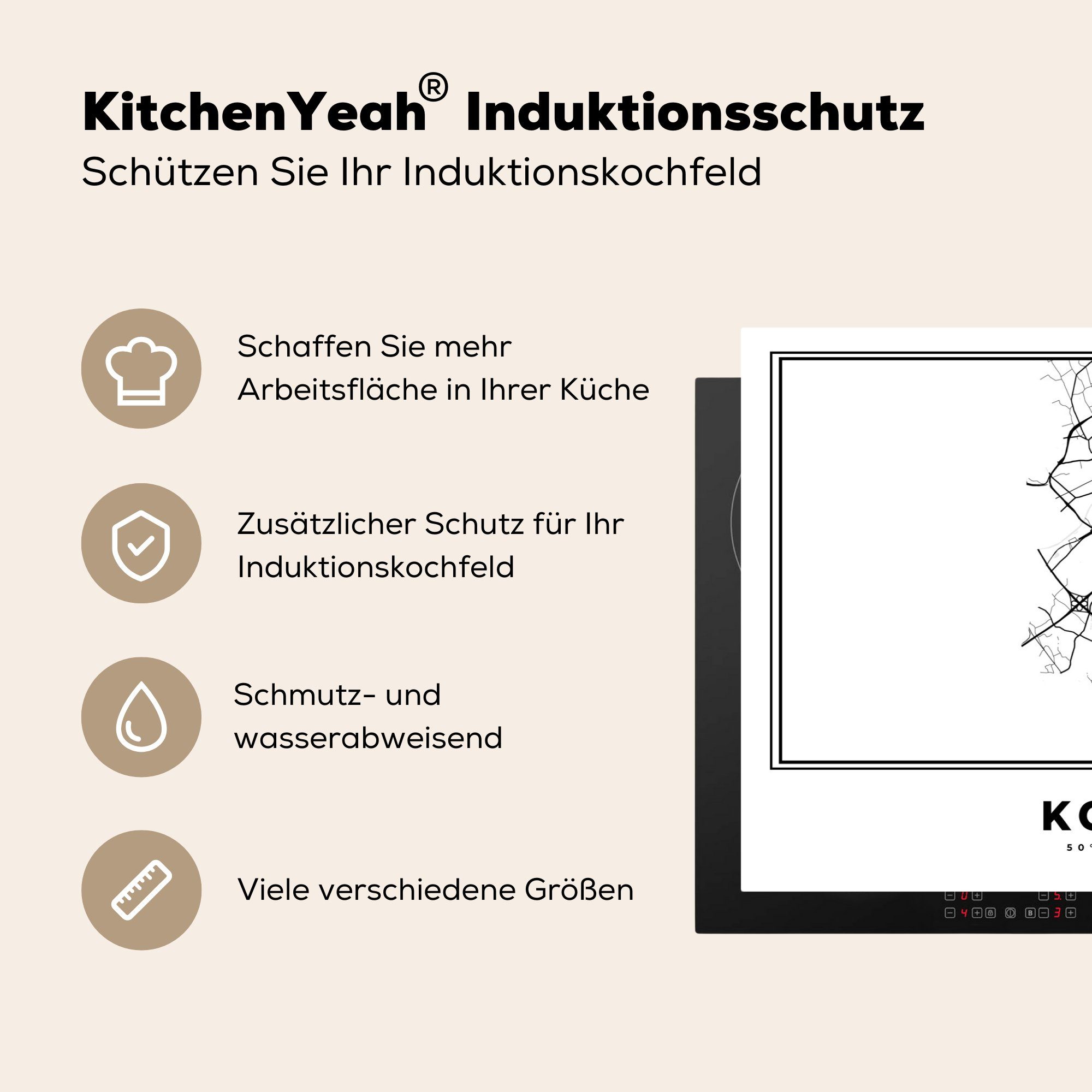 Schwarz Karte - küche, Ceranfeldabdeckung cm, (1 für - tlg), Induktionskochfeld weiß, Vinyl, 81x52 Schutz MuchoWow und Belgien Herdblende-/Abdeckplatte - die Kortrijk - Stadtplan