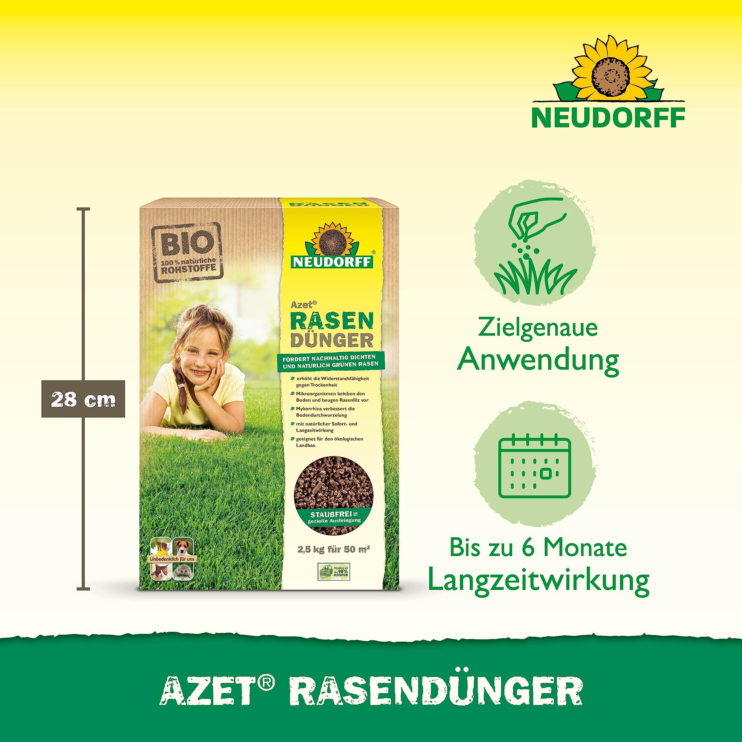 Neudorff Rasendünger Azet Bio RasenDünger für 50 m² - 2,5 kg, Granulat gleichmäßig auf trockenem Rasen verteilen und anschließend bei Bedarf gründlich wässern., mit 6 Monaten Langzeitwirkung, Auch für mährobotergepflegte Rasenflächen geeignet