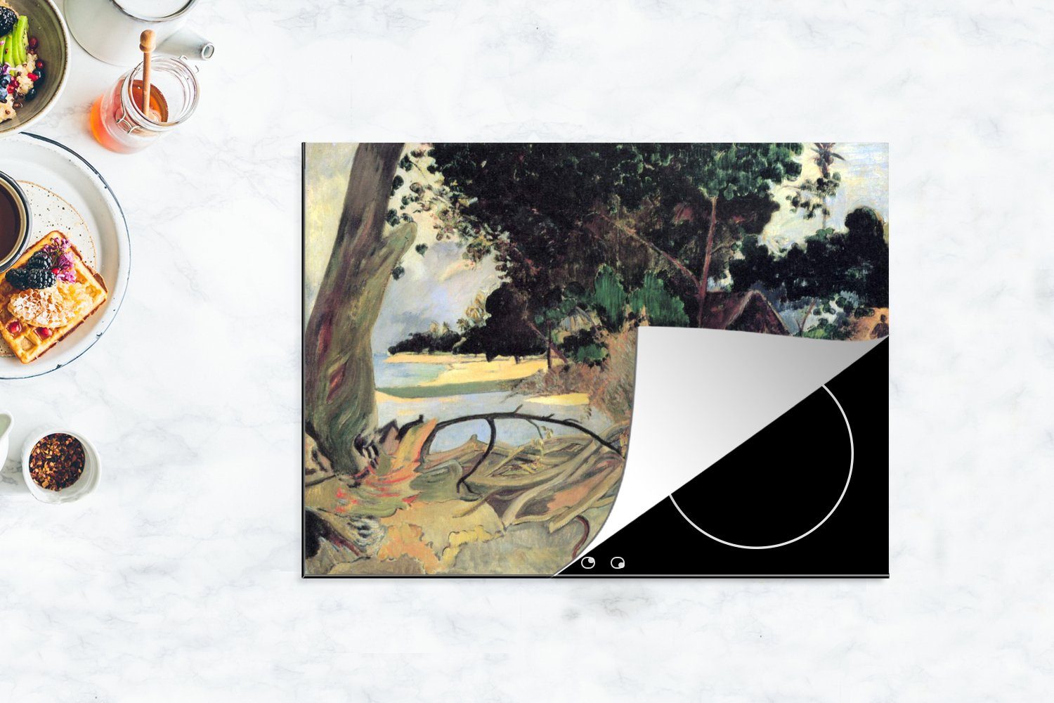 nutzbar, (1 - 70x52 Gauguin, MuchoWow Hibiskusbaum Paul Ceranfeldabdeckung Vinyl, Gemälde von tlg), Herdblende-/Abdeckplatte Arbeitsfläche Mobile cm, Der