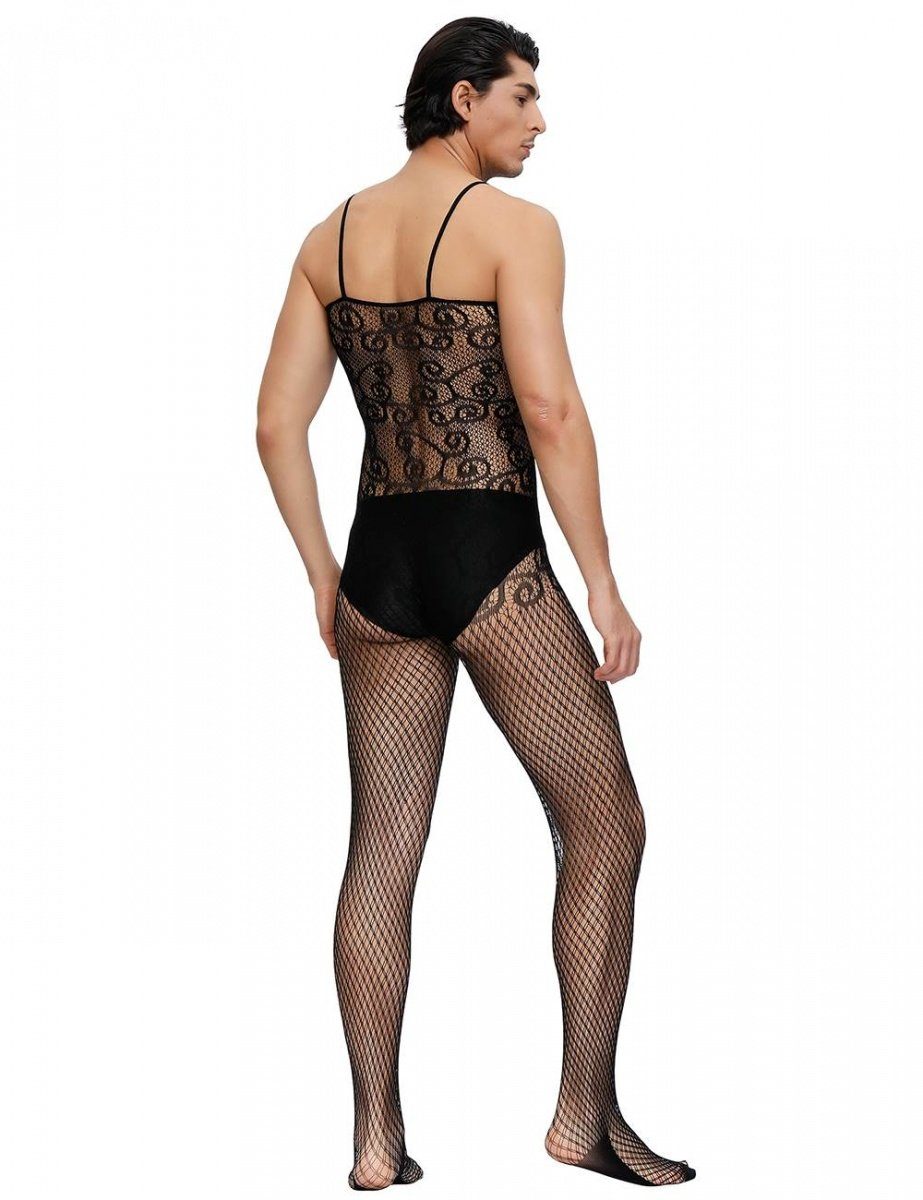 Lau-Fashion Lange Unterhose Träger Catsuit Bodystocking Netz Spitze Transparenz Dessous Gay S/M/L