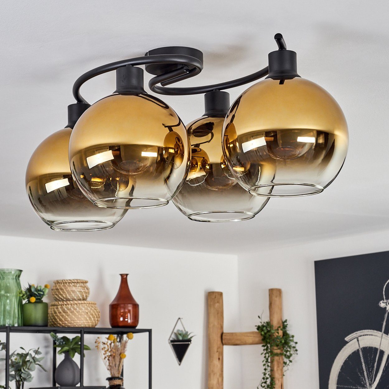 hofstein Deckenleuchte Deckenlampe aus Metall/Glas in Schwarz/Goldfarben/Klar, ohne Leuchtmittel, Leuchte im Retro-Design aus Glas, 4 x E27, ohne Leuchtmittel