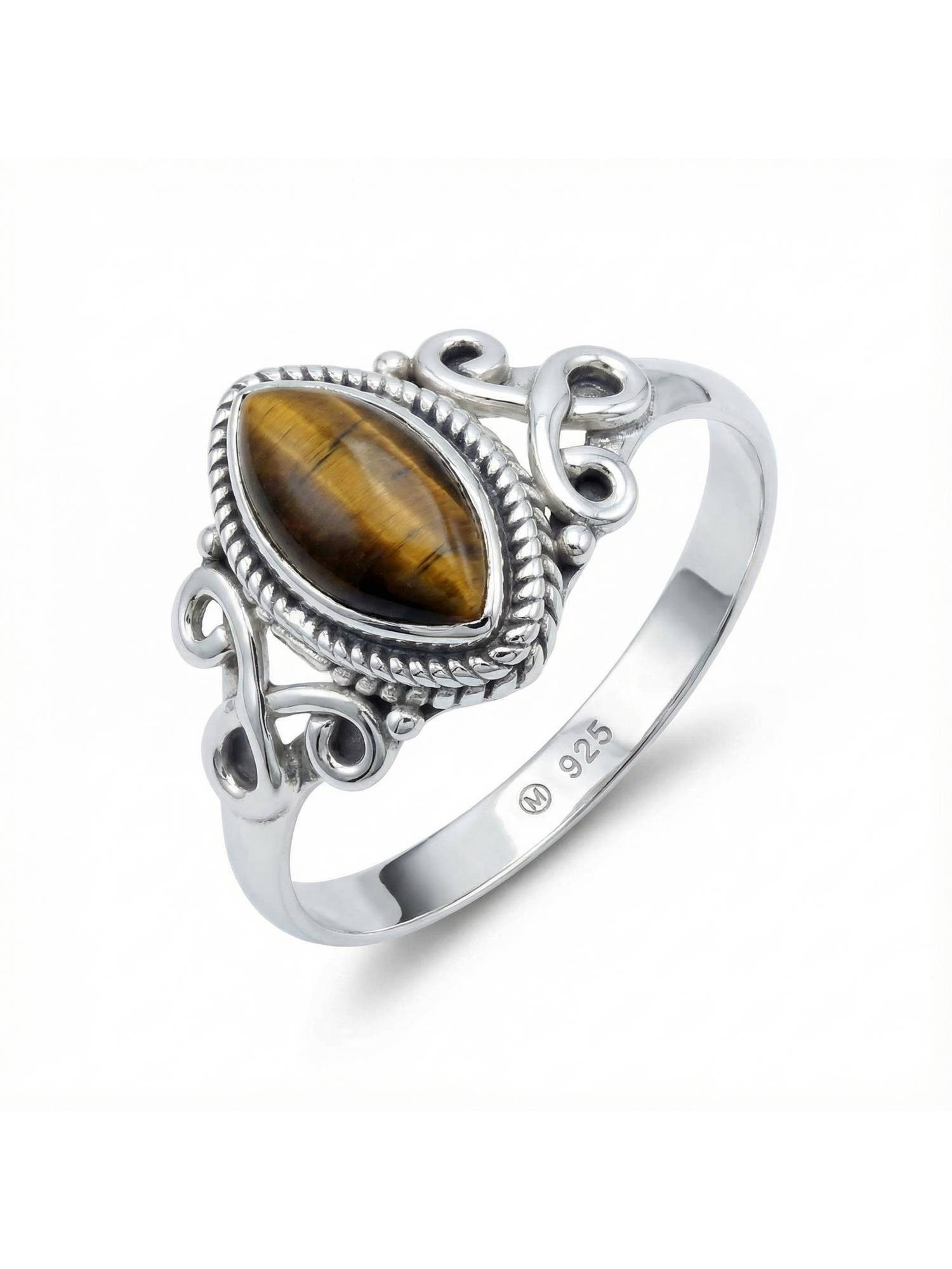 mantraroma Silberring BAGHIMI Ellipse aus 925 Silber mit Tigerauge (Ring mit Schmuckbeutel), Damenring aus 925er Silber