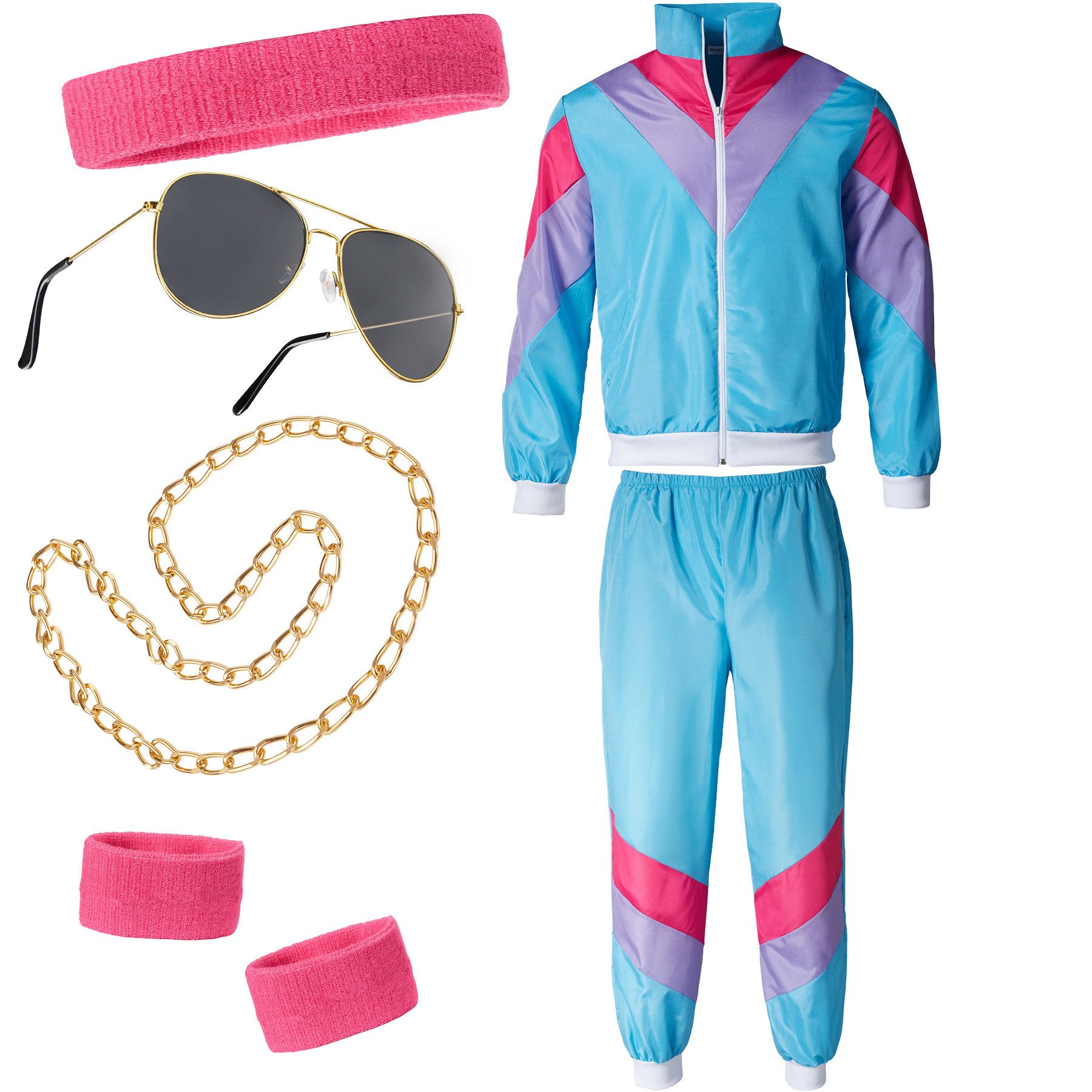 dressforfun Kostüm Damenkostüm, Hellblaue und pinke Jacke und Hose im Retro-Look.