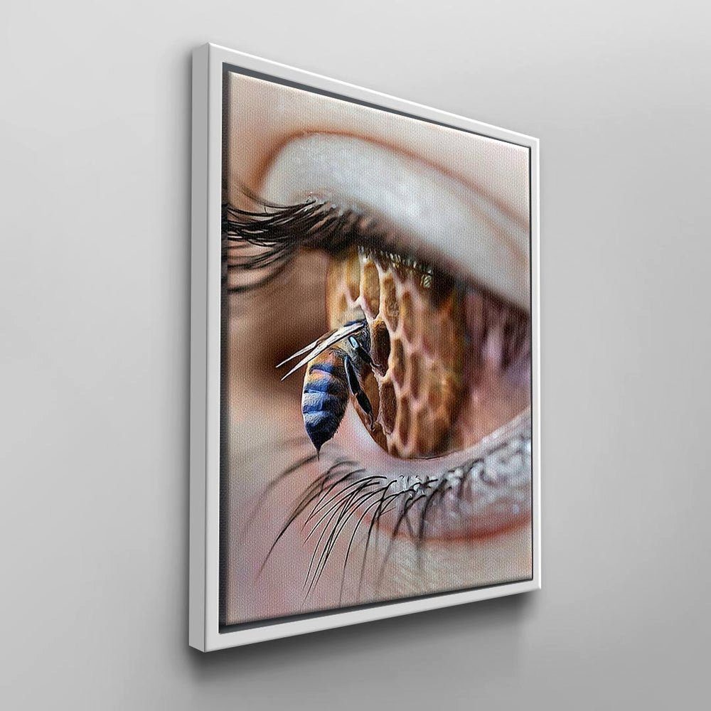 DOTCOMCANVAS® Leinwandbild Bee Auge Eye Wandbild Eye, rosa Rahmen schwarz Honig in weißer Biene blau in Bee