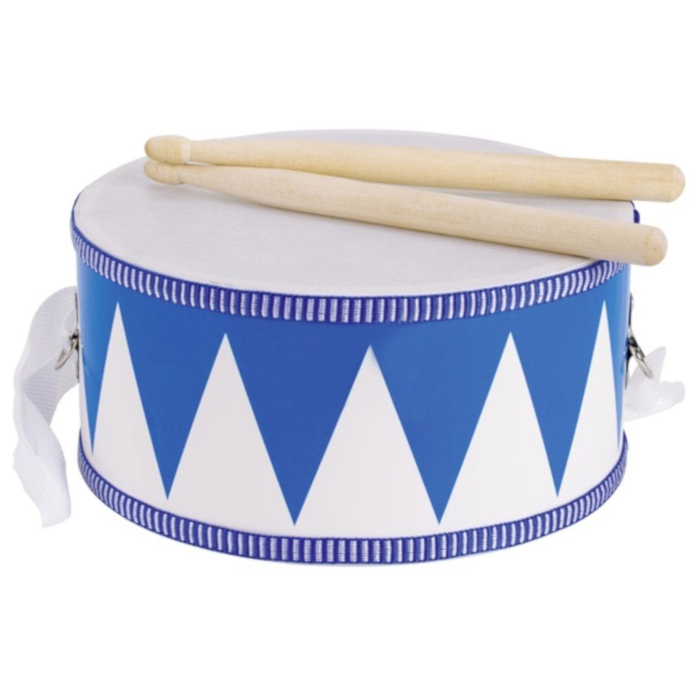 Spielzeug-Musikinstrument Trommel blau - weiß mit 2 Holzschläge und Tragegurt 61898
