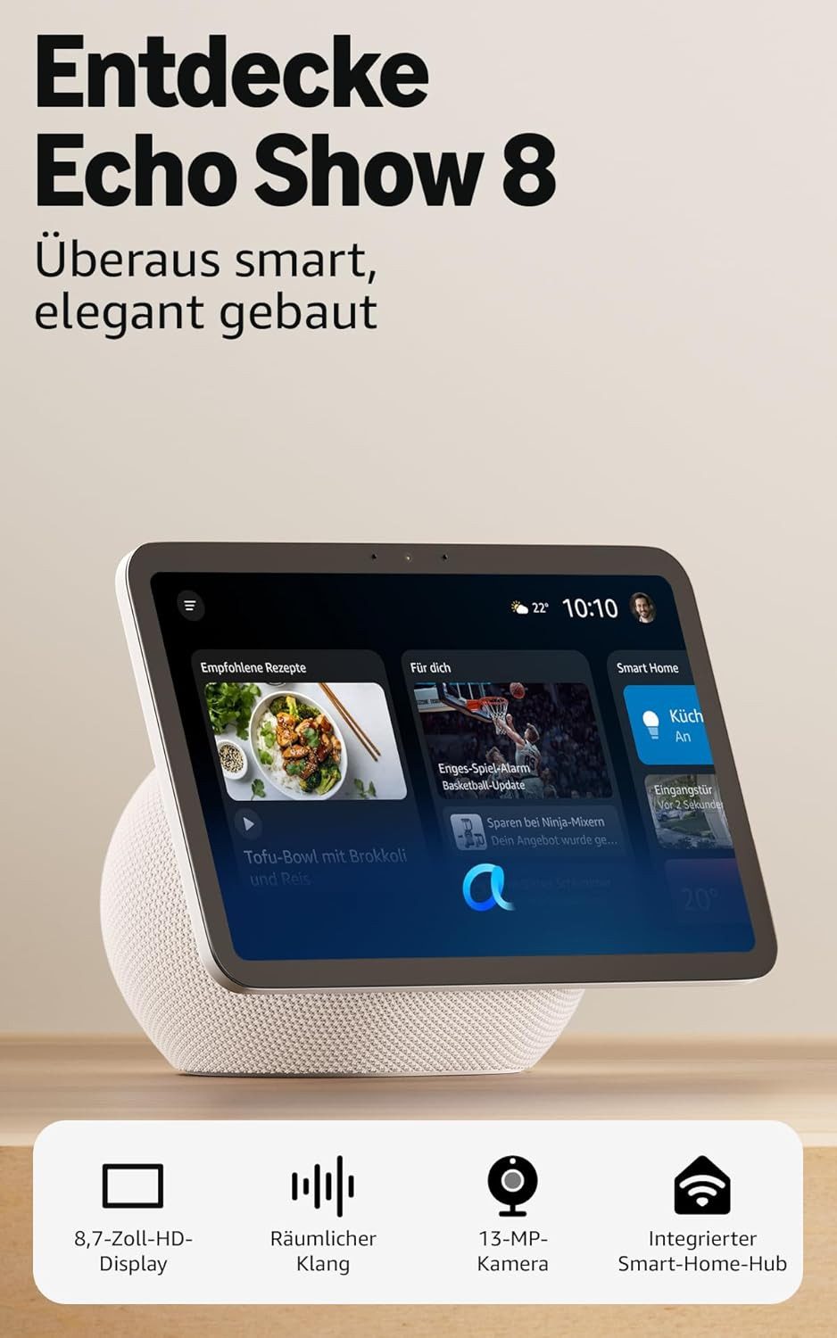 Amazon Echo Show 8 (neueste Generation) Alexa Lautsprecher (WLAN, Bluetooth, 30 W, brillantes 8,7-Zoll-Display in HD-Auflösung mit raumfüllendem 3D-Audio)