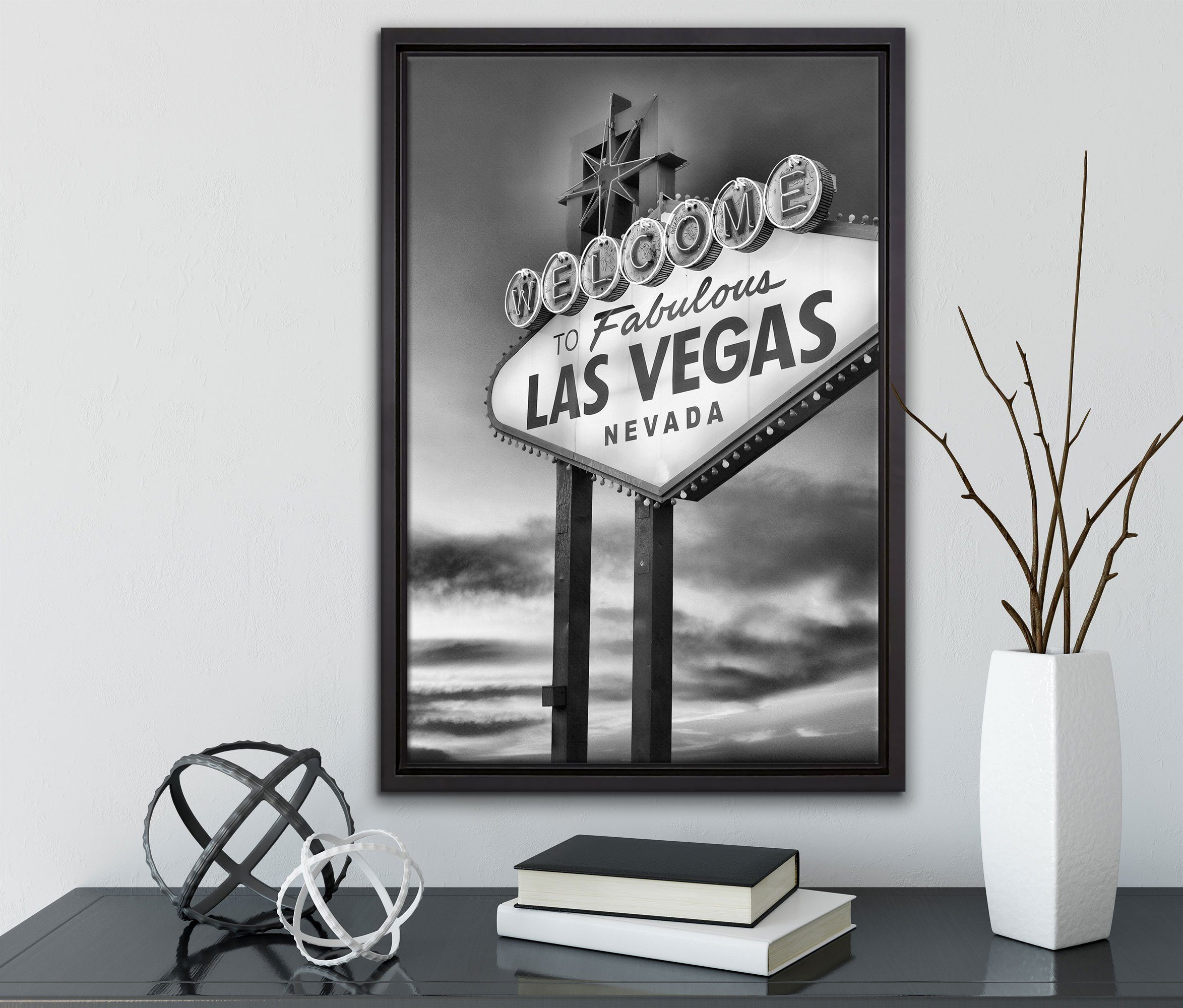 Pixxprint Leinwandbild Las Zackenaufhänger Vegas Schattenfugen-Bilderrahmen fertig einem Wanddekoration gefasst, in Leinwandbild (1 inkl. in Schild Dämmerung, der St), bespannt