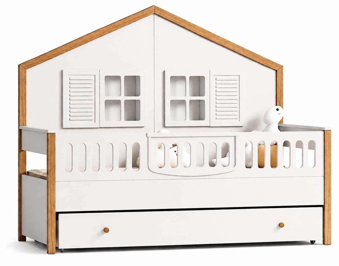 Xlmoebel Kinderbett Beige Kinderbett in Hausform mit Schublade und Spielbereich (Kinderbett, Kinderbett Hausform), Made in Europa