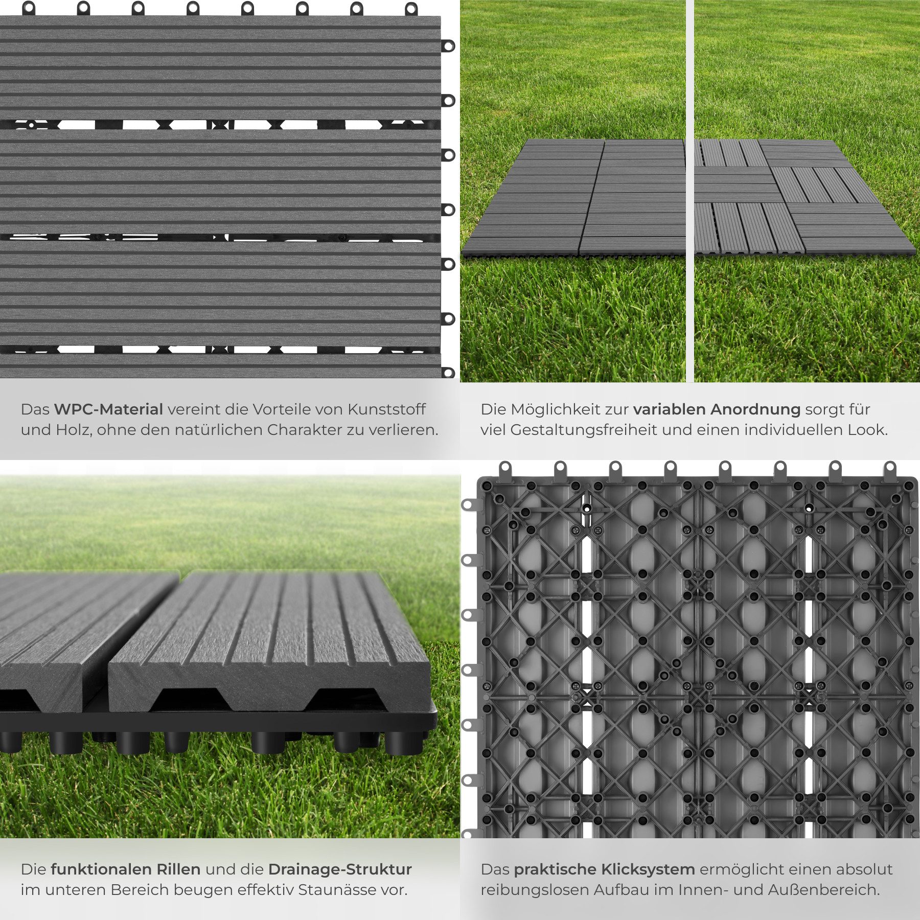 tectake Terrassendielen Terrassenfliesen 22er Set im Klicksystem, 31 x 31 x 2,2 cm, 2,1142 m², BxL: je 31,00x31,00 cm, (Terrassenplatten Außenbereich Tegulas, 2 – Bild 4 von 5