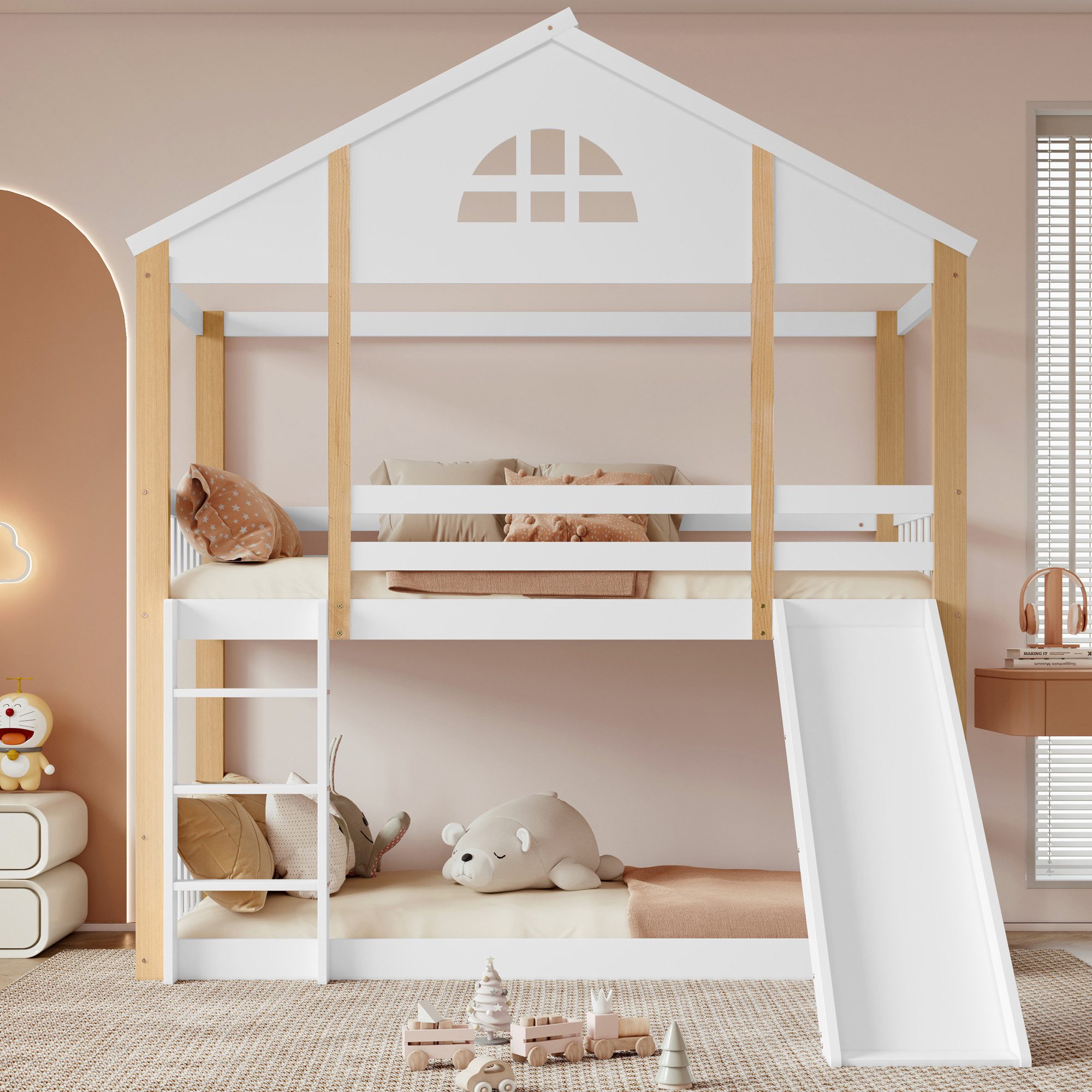 Flieks Etagenbett, Kiefer Kinderbett mit oberem Lattenrost, Rutsche und Lei günstig online kaufen