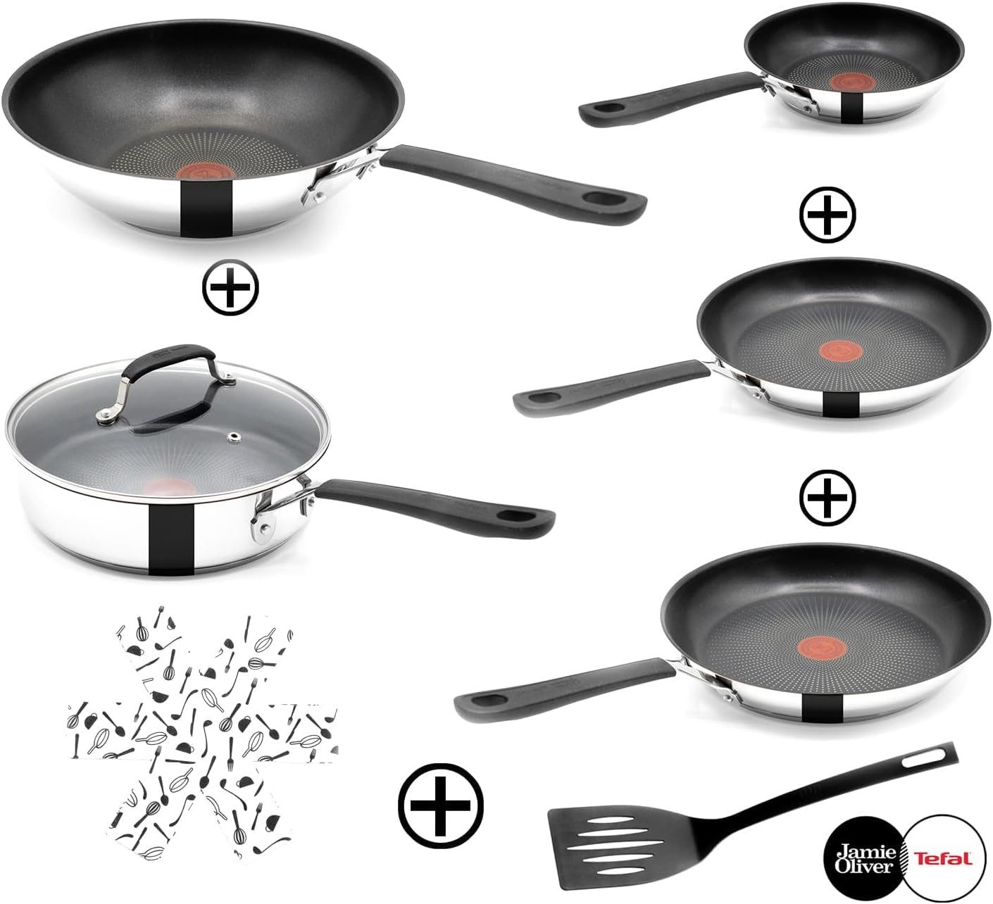 Tefal Pfannen-Set Jamie Oliver E76 Pfannenset 20,24,28cm + Wok 28cm Schmorpfanne mD 25cm, Edelstahl 18/10 (Pfanne, Bratpfannen Set, Pfannenset, Wok, Wokpfanne, Schmorpfanne, Pfannen + 1 Wender & Schoner Antihaftbeschichtet Pfannenset mit Deckel), ohne Fett / Öl braten