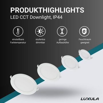 LUXULA LED Einbauleuchte LED CCT Downlight dimmbar, 18W, 1880lm, ø220mm, Lichtfarbe einstellbar, LED fest integriert, warmweiß, CCT, neutralweiß, kaltweiß, IP44