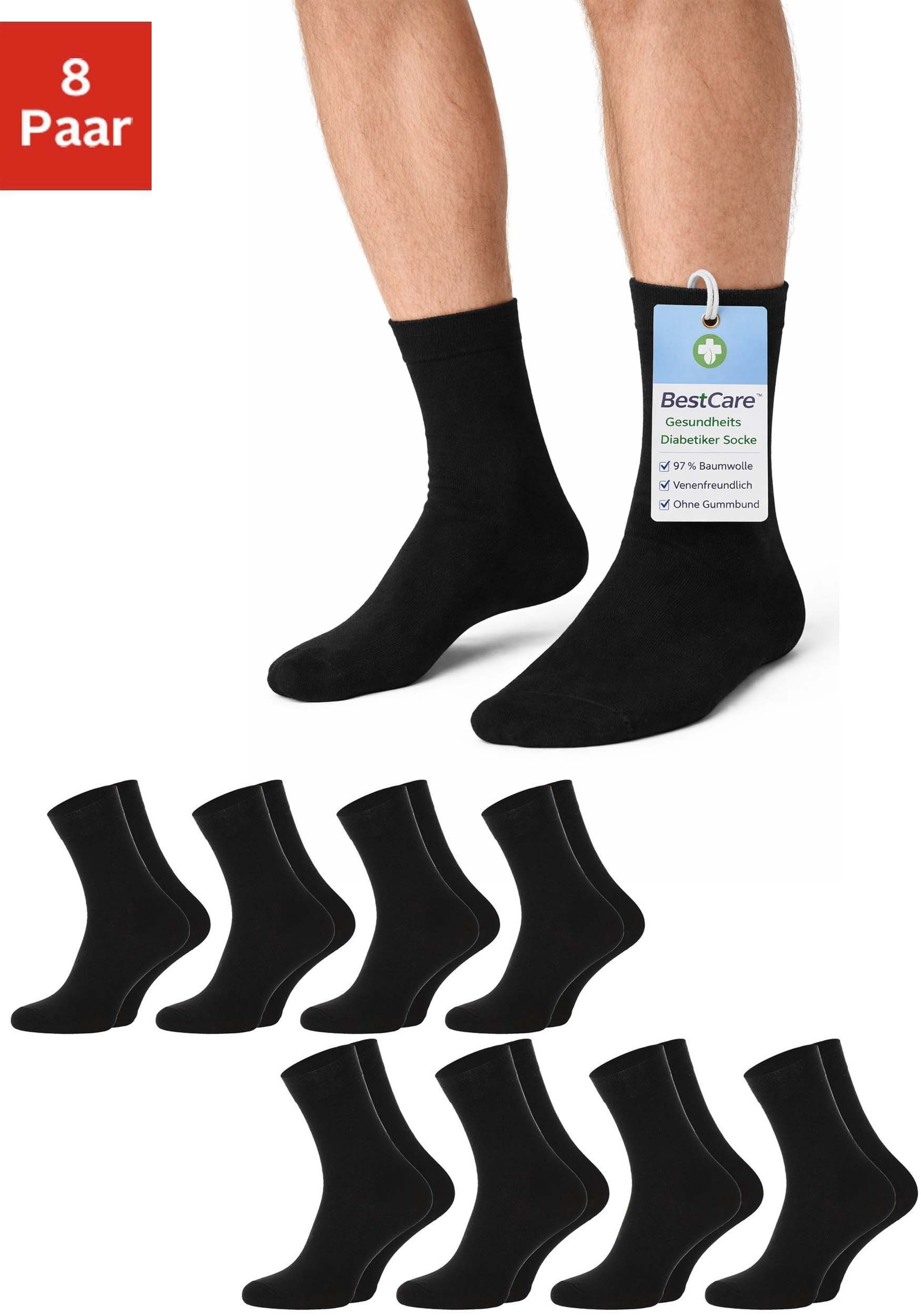Chili Lifestyle Diabetikersocken Bestcare Gesundheitssocken Herren Damen kurze schwarze Baumwollsocken (Multipack, 8-Paar, ein Design) Venensocke aus weicher Baumwolle Weichbund ohne Gummidruck