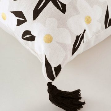 Macosa Home Dekokissen Kissen Baumwolle 45 x 45 cm vers. Blumenmuster Beige Schwarz, Quasten Baumwolle mit Reißverschluss inkl. Füllung