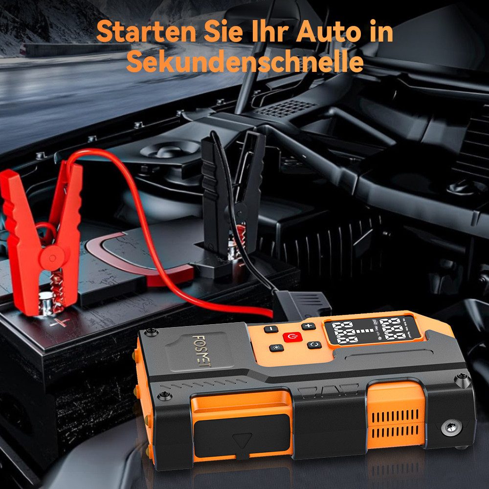 FOSMET 7000A 12V Jump Starter Power Bank with 150PSI Compressor & Smart Clamps Car Battery Charger (Car Jump Starter with LCD Screen and 800 Lumen Emergency Light, 26800mAh Jump Starter Power Bank for all Petrol & 10L Diesel with USB & DC)