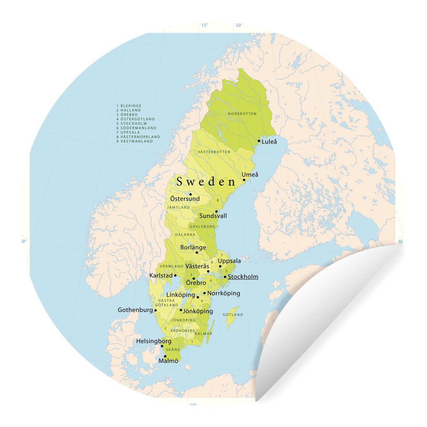 MuchoWow Wandsticker Illustration einer Karte mit Schweden in grün (1 St), Tapetenkreis für Kinderzimmer, Tapetenaufkleber, Rund, Wohnzimmer