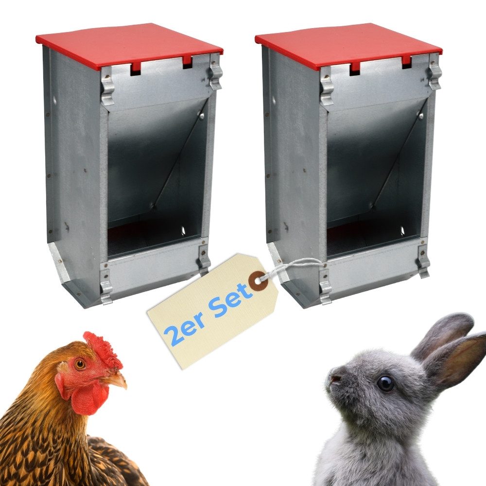 Futterautomat 2x Hühner Futterautomat mit Deckel Metall Futter Spender Napf Trog