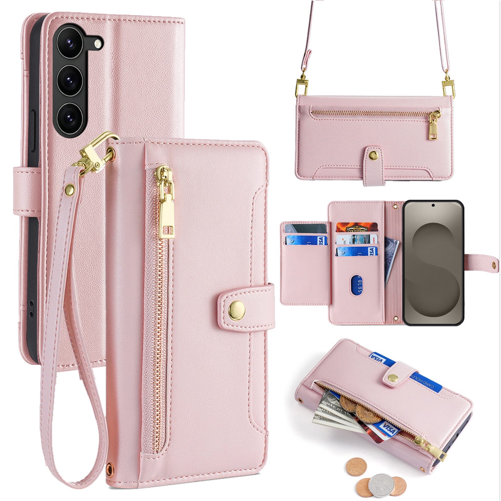 betterfon Handykette für Samsung Galaxy Leder Umhänge Hülle mit Kartenfächer, 5 Kartenfächer + verstellbare Kette & Standfunktion mit TPU-Schutz