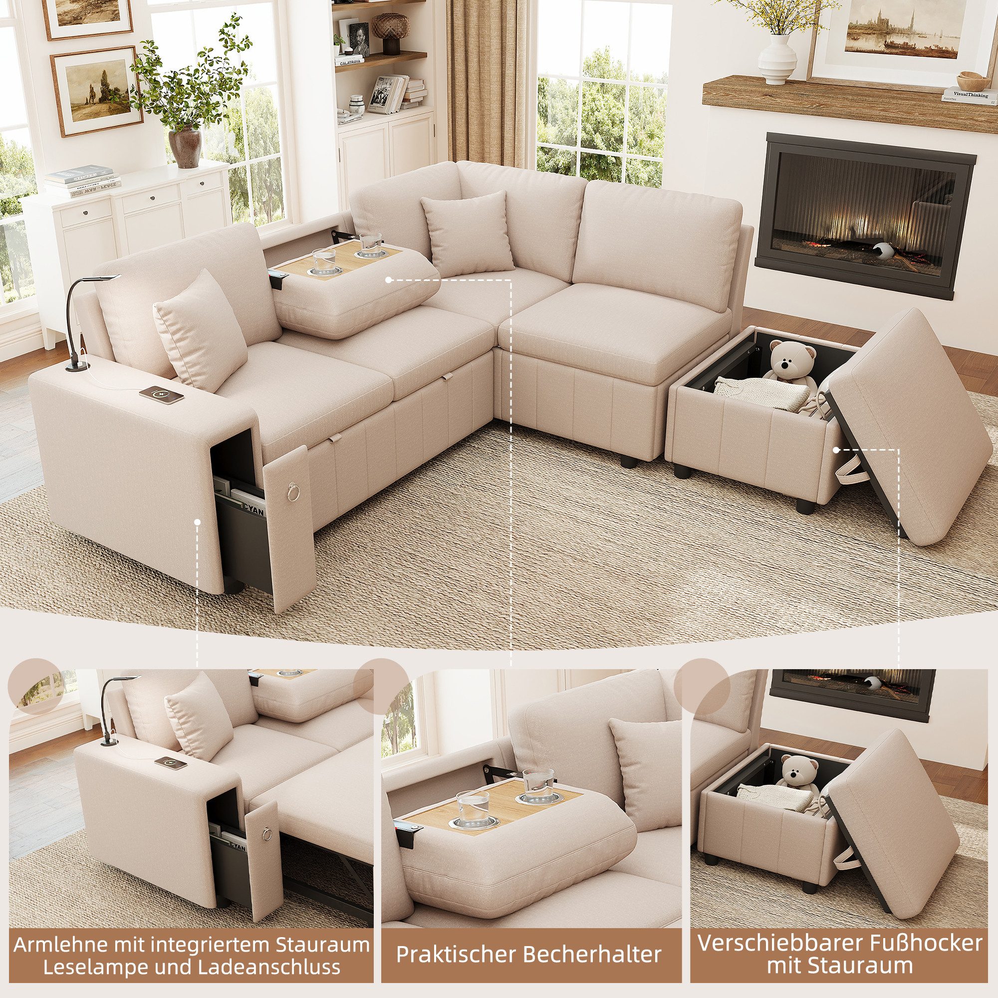 i@home Ecksofa L‑förmiges ausziehbares Ecksofa mit Schlaffunktion, Schlafsofa, USB und Type‑C Anschluss, Leselicht, Stauraum in der Armlehne