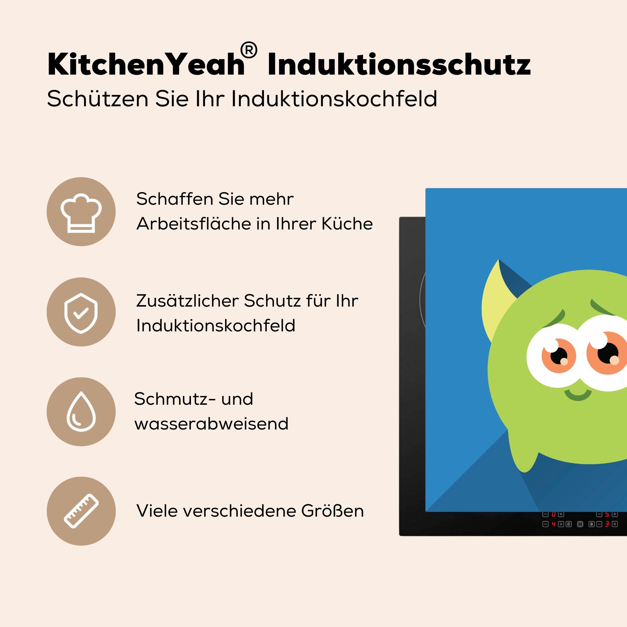 küche (1 Ceranfeldabdeckung, Illustration Arbeitsplatte cm, Monster, MuchoWow tlg), 78x78 grünes Vinyl, Herdblende-/Abdeckplatte für Kinderbuch