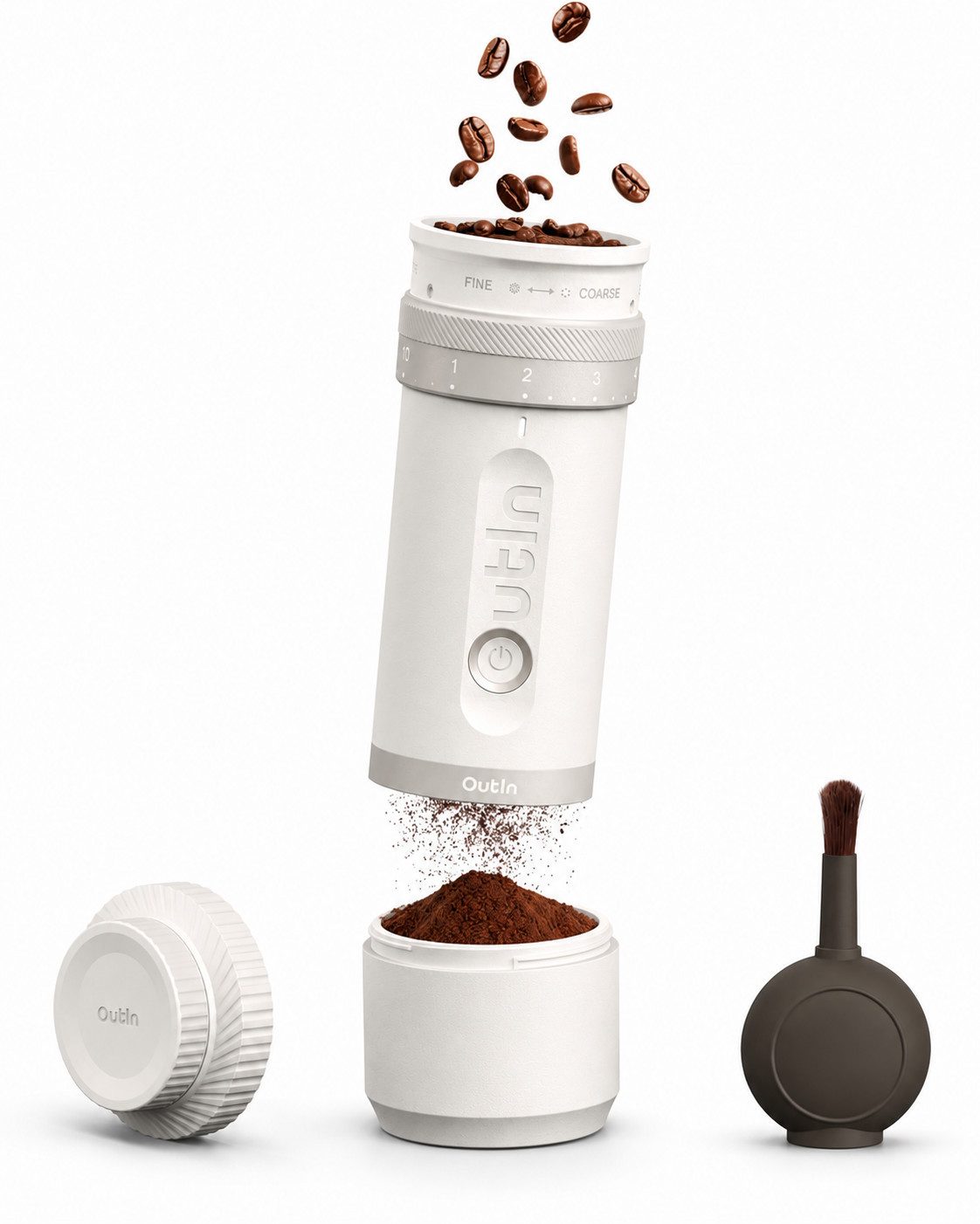 OutIn Kaffeemühle OutIn Fino Coffee Grinder Kaffeemühle 28 Stufen Kegelmahlwerk Mobil, 38-mm-Kegelmahlwerk aus gehärtetem 420er Edelstahl mit siebeneckiger 7-Stern-Geometrie, 25 g Bohnenbehälter, 28 Mahlgrade, 38-mm-Siebeneckiges 7-Stern-Edelstahl-Kegelmahlwerk