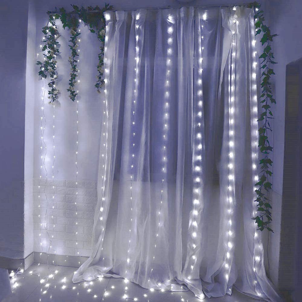 Rosnek LED-Lichtervorhang 3 Deko Wand Party, 3M, aktiviert, Garten 8 Fenster Modi/Musik X mit Fernbedienung, Weihnachten Weiß für Aufhängehaken; Schlafzimmer