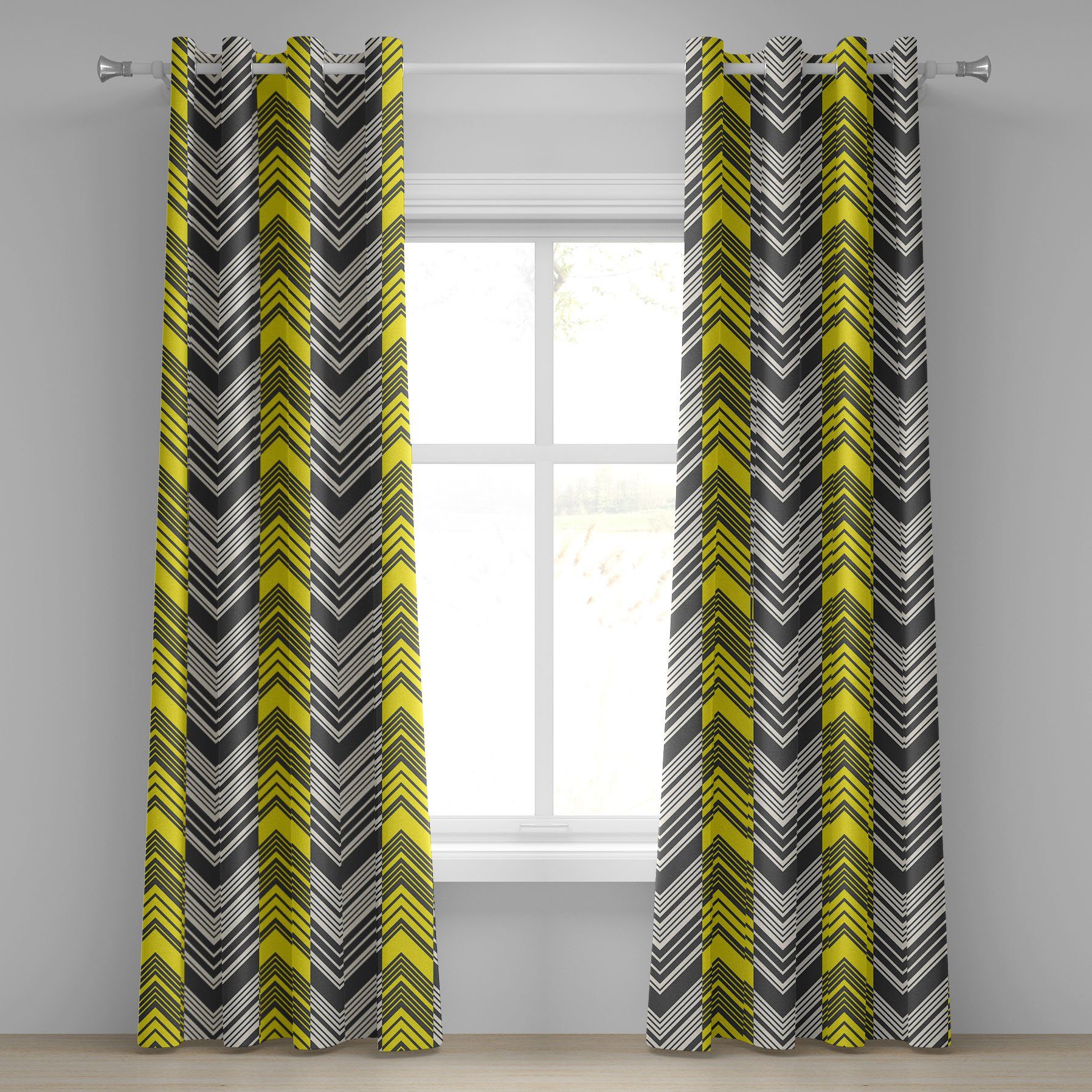 Gardine Dekorative 2-Panel-Fenstervorhänge für Schlafzimmer Wohnzimmer, Abakuhaus, Gelb und Weiß Zick-Zack-Muster