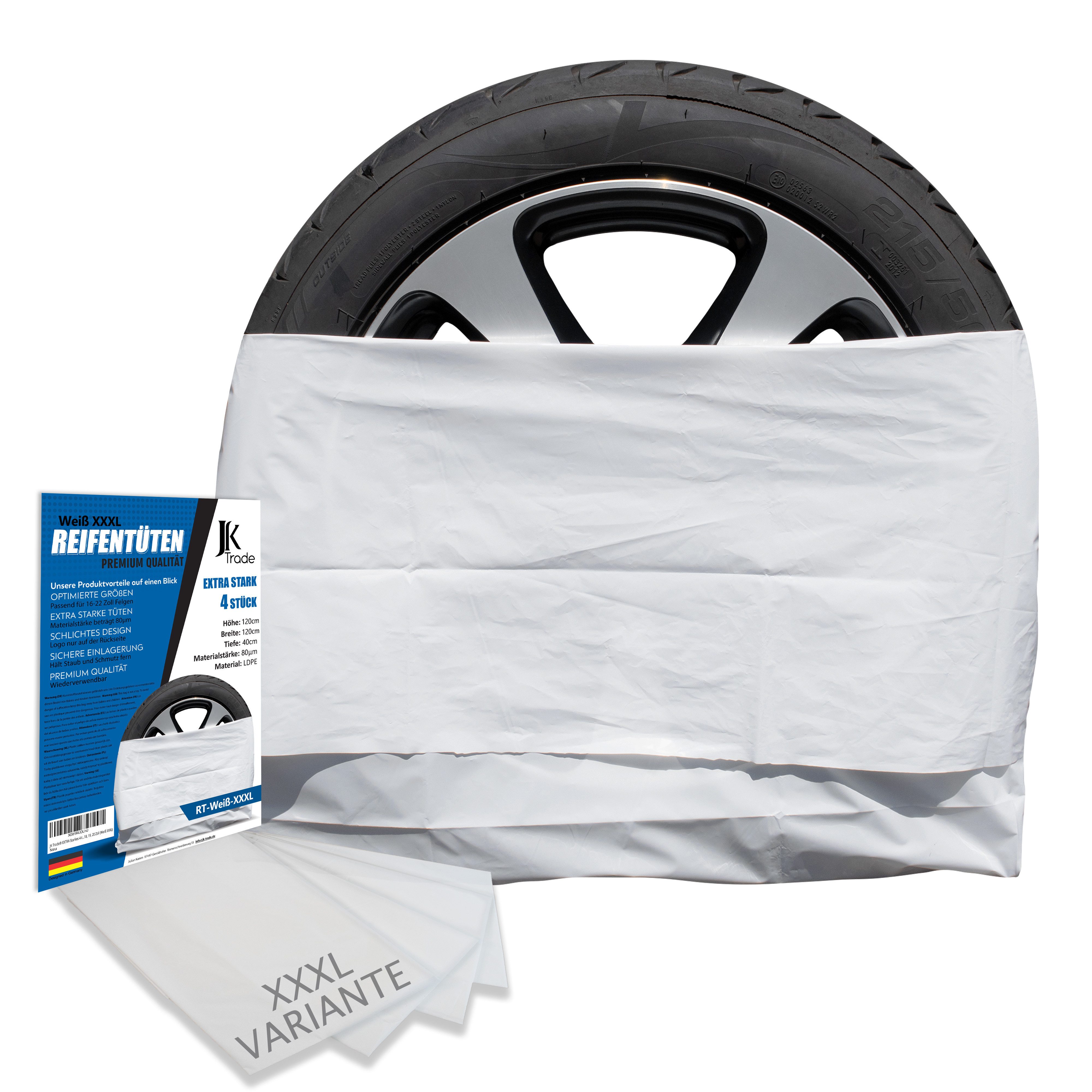 JK Trade Reifentasche - Reifentüten extra stabil, Felgentasche (4´er Pack, Schwarz, Weiß, Grau), hochwertiger LDPE-Kunststoff, Reifensäcke für Sommer- & Winterreifen